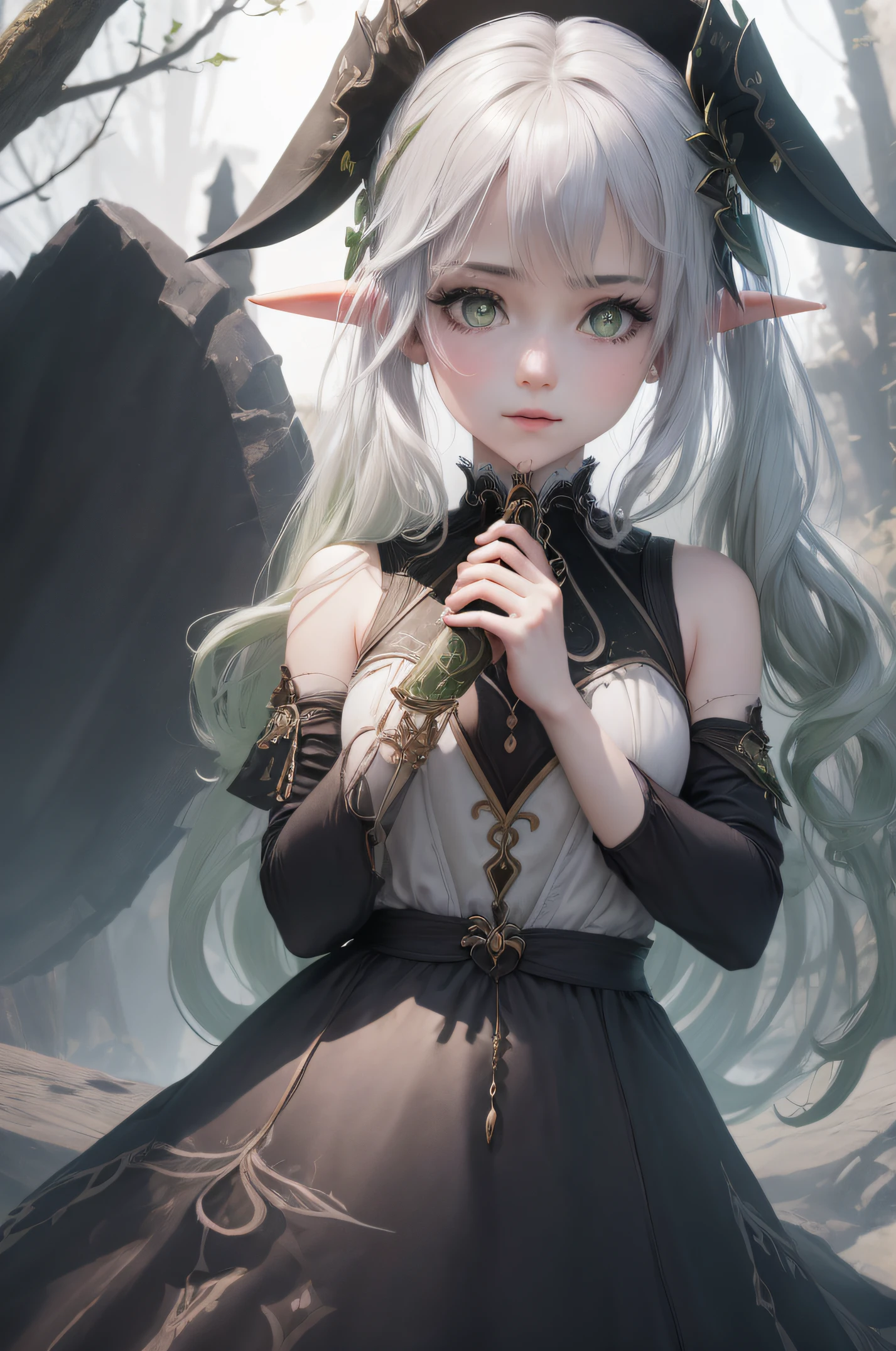 Adult girl standing and looking at the camera, pixie, elf ears, Beautiful elven ears, The girl is dressed in a Gothic dress, Long Dress, pony tail, High-quality beautiful eyes, beatiful face, High Quality Face, dark sky, Thin, Wet waist, Slender figure, Appearance of the model, confusion, sexuality, Cute beautiful anime woman, detailed digital anime art, beautiful anime girl, beautiful anime girl, Anime with small details, Best Quality, Masterpiece, Ultra-detailed, Beautiful, hight resolution, Original,CG 8K ультрареалистичный, perfect artwork, beatiful face, Face Clean, Skin, hyper realistic, Ultra Detailed, A detailed eye, dramatic  lighting, (Realistic) Realistic, Full HD, Best Quality, Best Quality, Beautiful lighting, (8k wallpaper of extremely detailed CG unit), High Details, sharp-focus, The art of dramatic and photorealistic painting, beautiful smile, holds the dress with his hands, lifts up the dress,