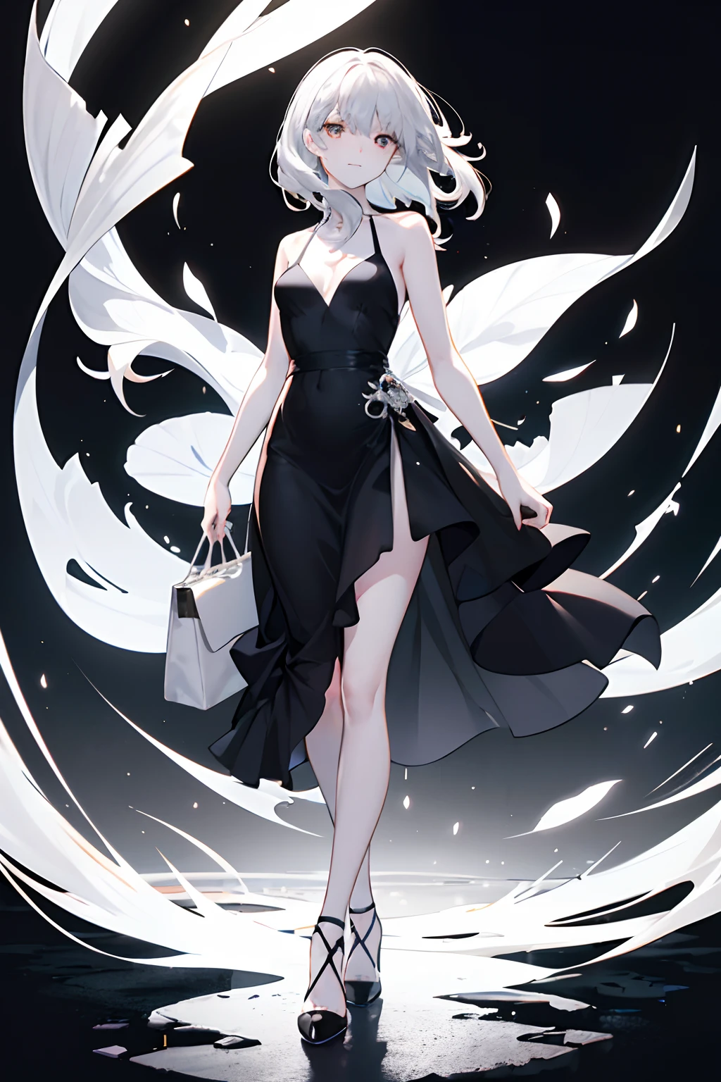 super fucking beautiful, Depth of field bloom, cel shading, realistic, full_body, view straight on, arms_behind_back, beautifully painted, flat chest, girl,woman,female, young,20 years old, medium hair, wavy hair, bangs, eyes visible through hair, sidelocks, grey hair, hair fluttering in the wind, detailed beautiful face, light smile, clear eyes, closed_mouth, delicate hands, medium_breasts, , brown eyes, pale skin, furry, bag, black_dress, high_heels, white background|black goo, Floating white silk, white theme, very fine 8KCG wallpapers, highres, very precise detailed,