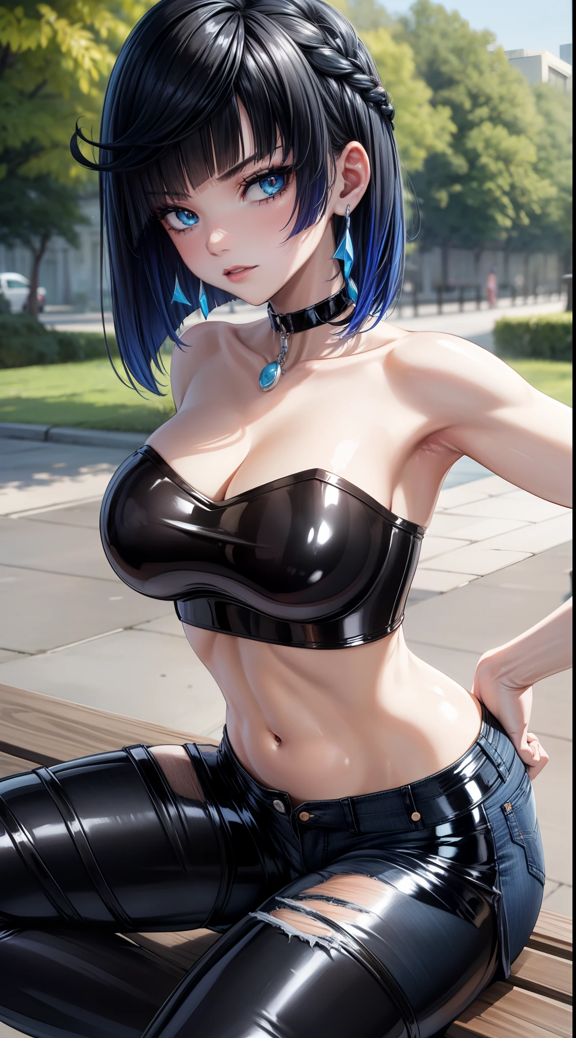 8k, highres, ultra detailed, (masterpiece:1.4), best quality, symmetrical body, (black latex strapless crop top:1.4), (jeans shorts:1.4), choker, cute, solo, earrings, short hair, blue hair, blue eyes, glow effect, finely eye, detailed face, looking at viewer, seductive face, in the park, sitting on bench, angled view, big breasts, seductive look, perfect fingers, crossed arms