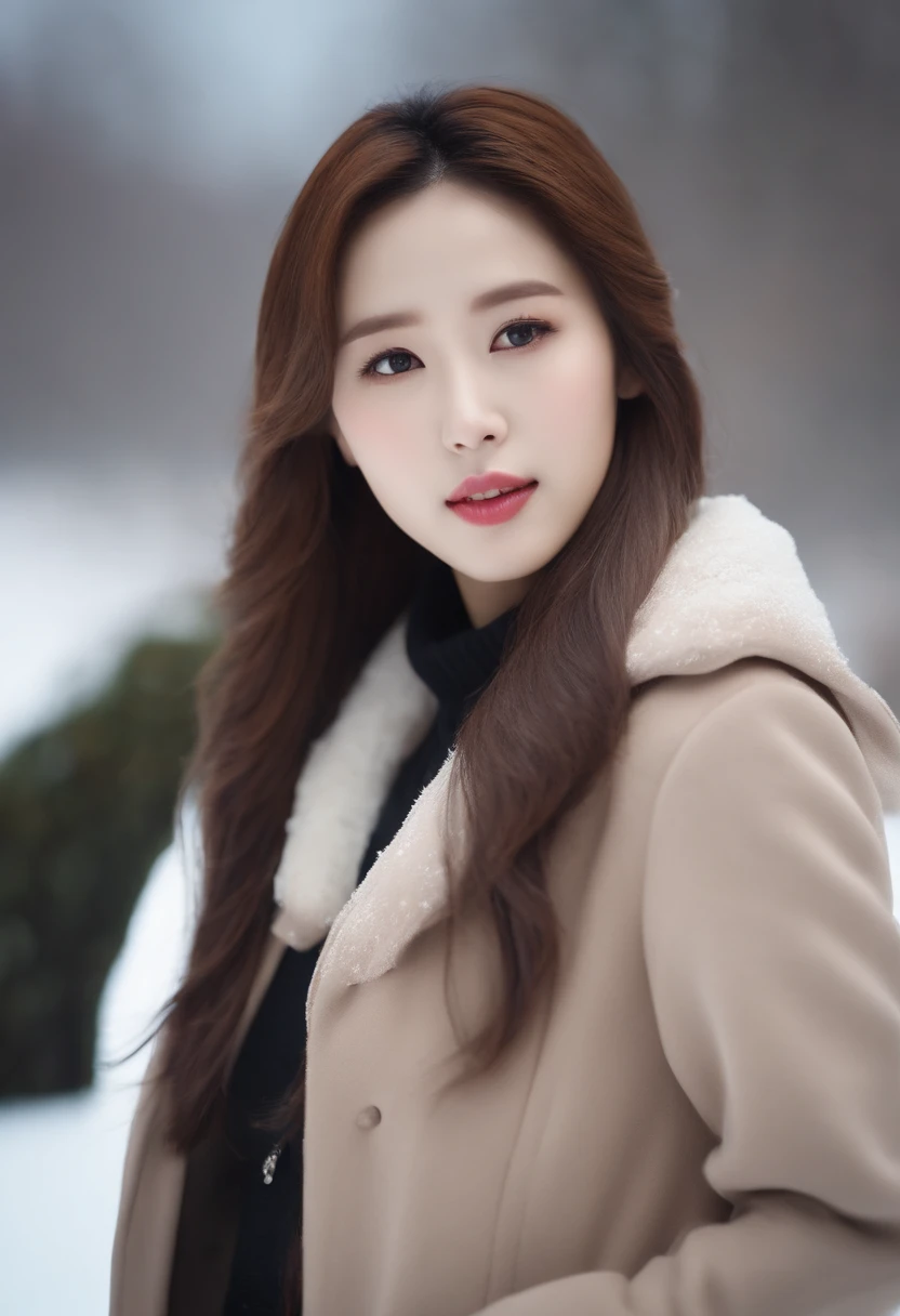 realistic photos of (1 cute Korean star) Shoulder-length hair, thin makeup, medium breasts size, wearing coat, in the snow, clear facial features, 8K high resolution, sharp and realistic details.from outside, Eye-Level Shot, f/4.0, 135mm, Fujifilm, jpeg artifacts, dithering, UHD, masterpiece