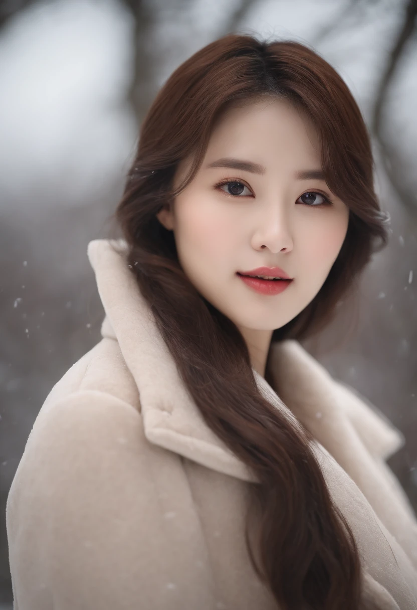 realistic photos of (1 cute Korean star) Shoulder-length hair, thin makeup, medium breasts size, wearing coat, in the snow, clear facial features, 8K high resolution, sharp and realistic details.from outside, Eye-Level Shot, f/4.0, 135mm, Fujifilm, jpeg artifacts, dithering, UHD, masterpiece