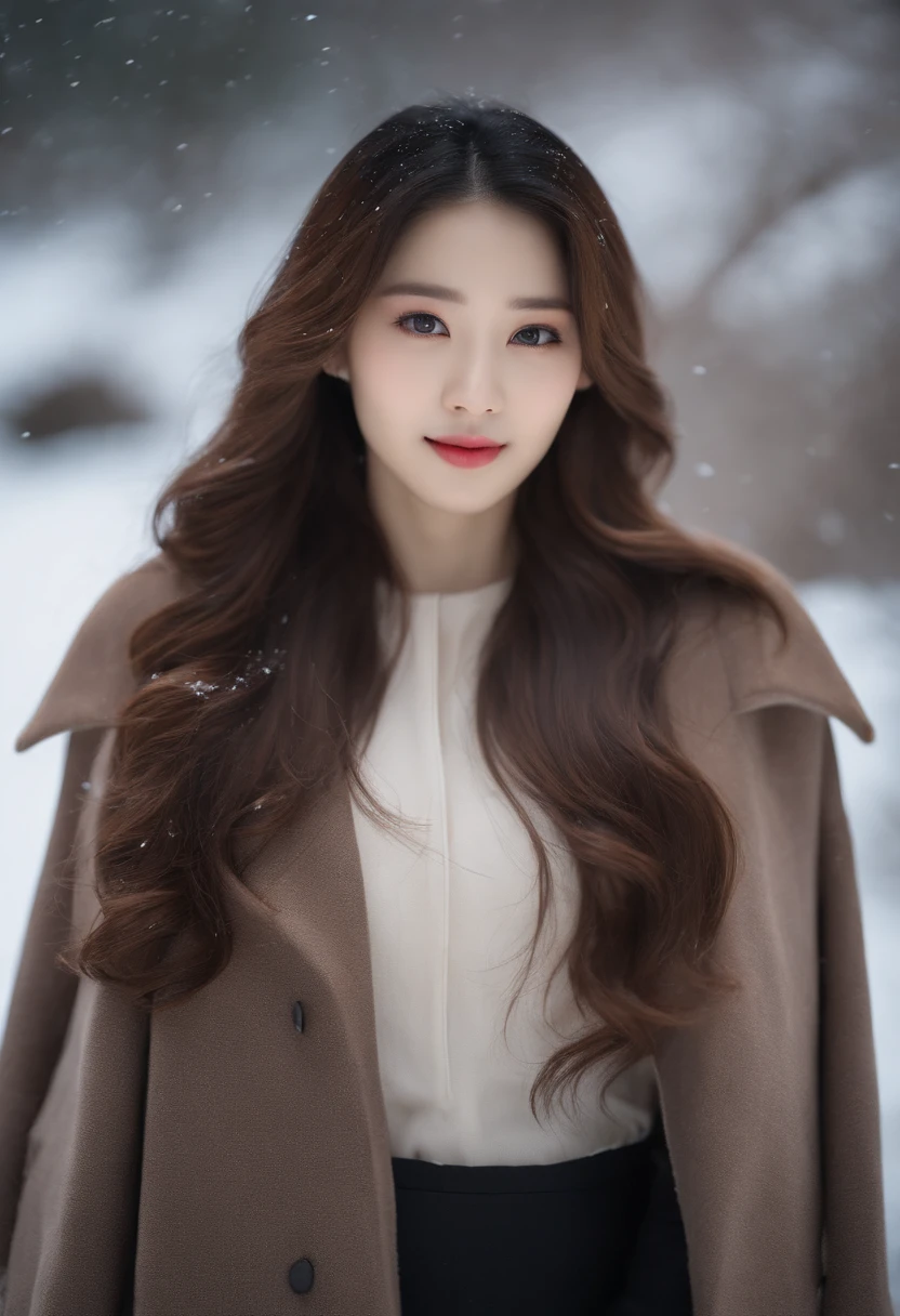 realistic photos of (1 cute Korean star) Shoulder-length hair, thin makeup, medium breasts size, wearing coat, in the snow, clear facial features, 8K high resolution, sharp and realistic details.from outside, Eye-Level Shot, f/4.0, 135mm, Fujifilm, jpeg artifacts, dithering, UHD, masterpiece