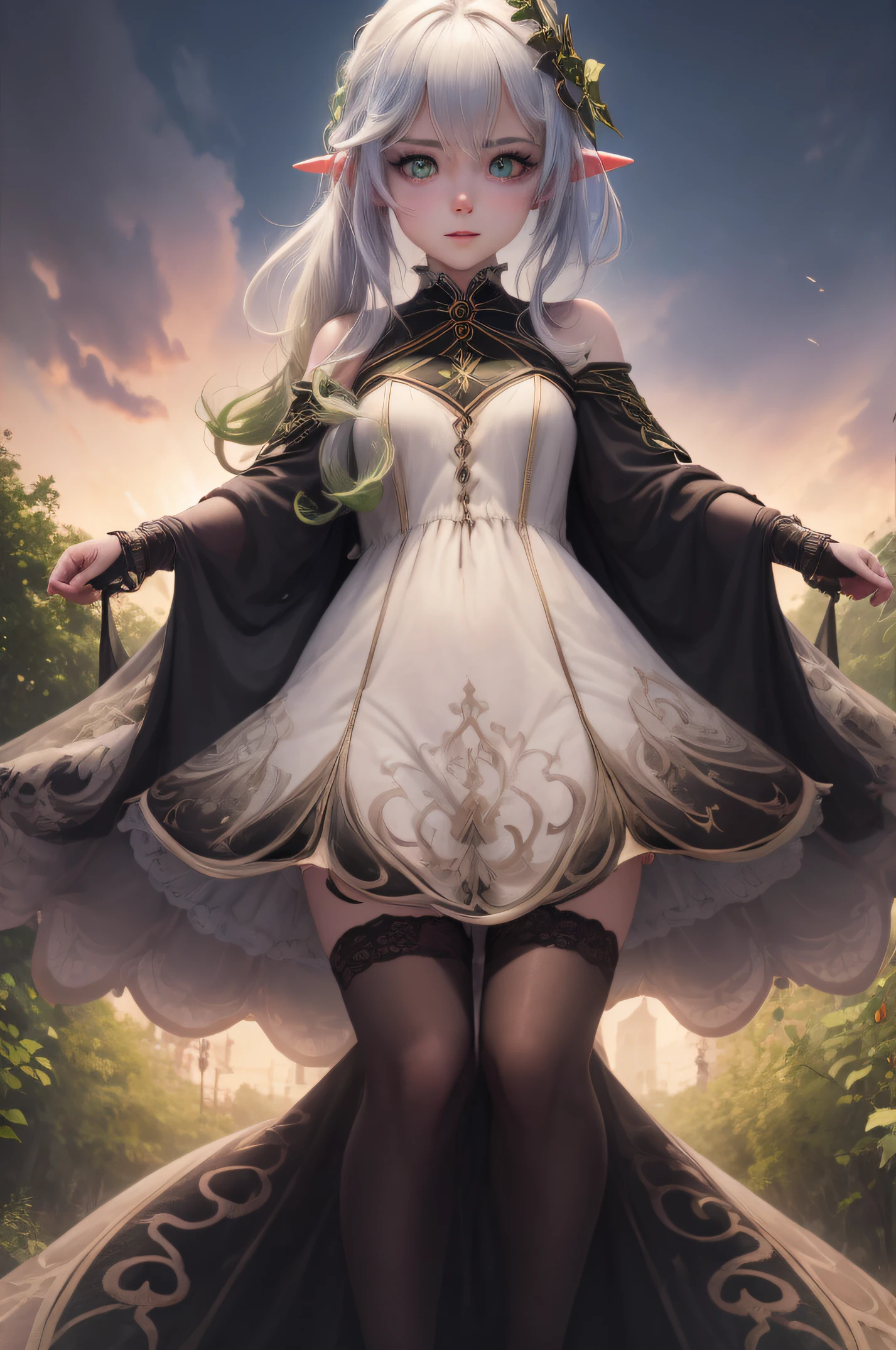 Adult girl standing and looking at the camera, pixie, elf ears, Beautiful elven ears, The girl is dressed in a Gothic dress, Long Dress, pony tail, High-quality beautiful eyes, beatiful face, High Quality Face, dark sky, Thin, Wet waist, Slender figure, Appearance of the model, confusion, sexuality, Cute beautiful anime woman, detailed digital anime art, beautiful anime girl, beautiful anime girl, Anime with small details, Best Quality, Masterpiece, Ultra-detailed, Beautiful, hight resolution, Original,CG 8K ультрареалистичный, perfect artwork, beatiful face, Face Clean, Skin, hyper realistic, Ultra Detailed, A detailed eye, dramatic  lighting, (Realistic) Realistic, Full HD, Best Quality, Best Quality, Beautiful lighting, (8k wallpaper of extremely detailed CG unit), High Details, sharp-focus, The art of dramatic and photorealistic painting, beautiful smile, holds the dress with his hands, lifts up the dress, black stockings,