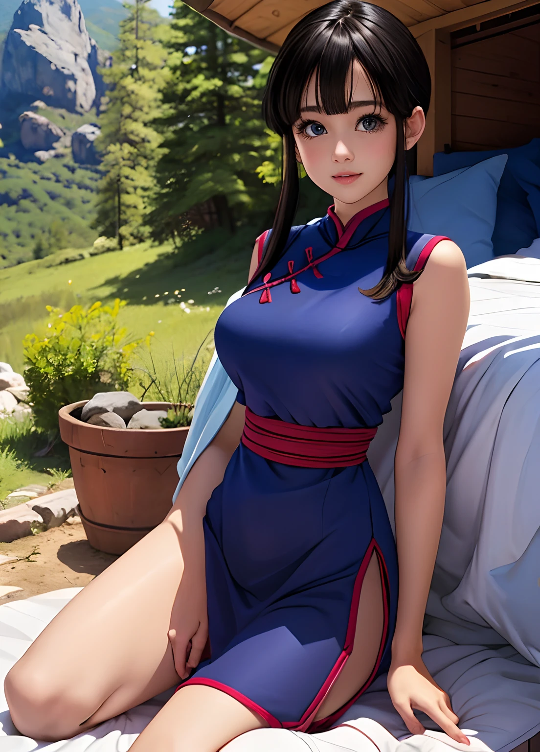 obra maestra, mejor calidad, highest qualityr, fotorrealista, Perfect Anatomia, Cara perfecta, ojos perfectos,DBZCH1CH1, bloqueos laterales, unique bangs,brown eyes,),pulseras rojas, Traje ajustado, traje chino Qipao sexy, Mostrar thigts, Traje Qipao, mostrando muslos, ojos animados, ojos muy realistas,Spectacular scenery of a small cabin in the mountain, pinos arboles, a traves de la ventana,mujer tumbada sobre la cama, cama acogedora,escote,boca entreabierta,cabello ?????, mostrando senos,expresion picarona, mirada sexy,lucir sexy, escote, escote,piernas hermosas, Sentado en la cama, expresion enfado,provocative
