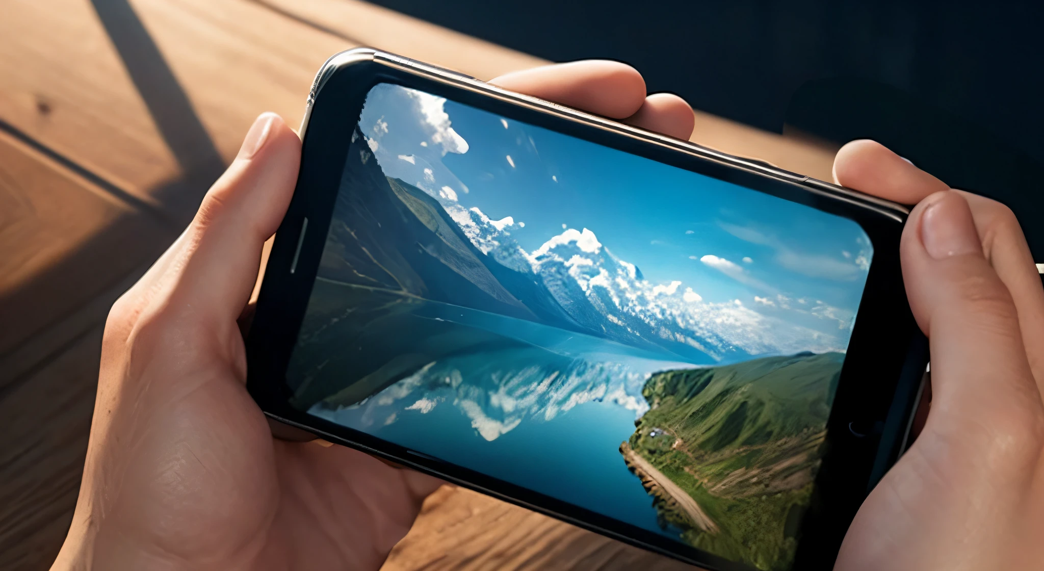 Hand holding smartphone,masterpiece,top-quality,,,detail portrayal,8K,Photorealistic,Realistic,professional photograpy