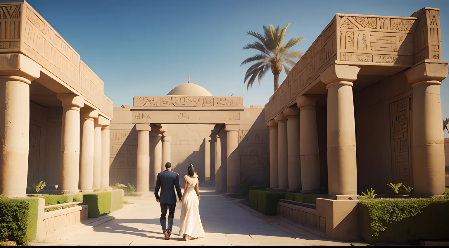 a woman and a man strolling in ancient egyptian clothes pharaonic garden with palm trees, walls with engravings from ancient egypt