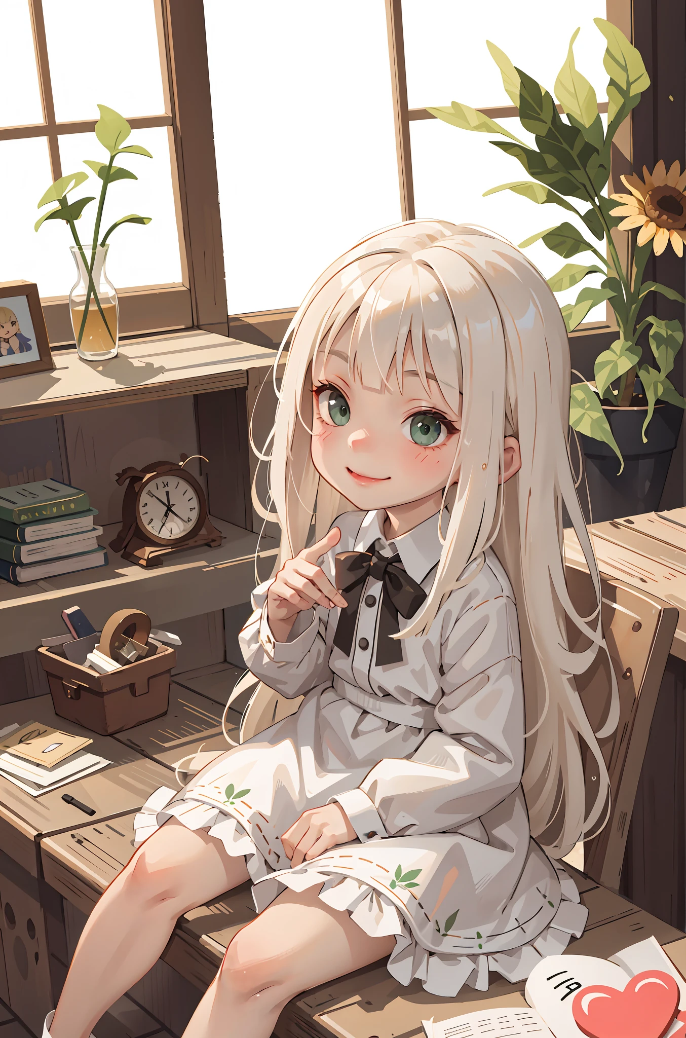 (masterpiece:1.2, best quality), (real picture, intricate details), 1little girl, solo, full body, sitting, casual, long hair, minimal makeup, natural fabrics, close-up face, smile, home, child, 6 , cute child, int, small body, tiny child, pee girl, kindace, naive, long light platinum blonde hair, bangs, green eyes, happy, SFW.