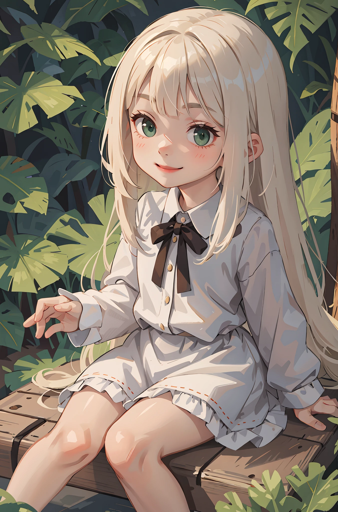 (masterpiece:1.2, best quality), (real picture, intricate details), 1little girl, solo, full body, sitting, casual, long hair, minimal makeup, natural fabrics, close-up face, smile, home, child, 6 years old, cute child, innocent, small body, tiny child, petite little girl, kind face, cute face, naive, long light platinum blonde hair, bangs, green eyes, happy, SFW.