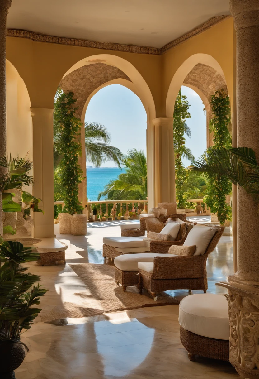 a mediterranean villa overlooking a tropical sea,crystal clear turquoise water,white sand beaches,lush green palm trees,freshly bloomed tropical flowers,expansive balcony with panoramic views,immaculately manicured gardens,sparkling swimming pool surrounded by lounge chairs,open-air terrace with elegant outdoor furniture and a dining area,gracefully arched doorways and windows,ornate details and intricate patterns,the villa bathed in warm golden sunlight,soft sea breeze gently swaying sheer curtains,exquisite interior decor with a blend of modern and traditional elements,high ceilings and marble floors,stunning chandeliers and luxurious furniture,warm and inviting color palette with accents of vibrant tropical colors,reflections of the sunset on the water,peaceful and serene atmosphere,breathtaking views of the vast ocean and nearby islands,(best quality,4k,8k,highres,masterpiece:1.2),ultra-detailed,realistic:1.37,palm-fringed paradise,portraits,coastal bliss