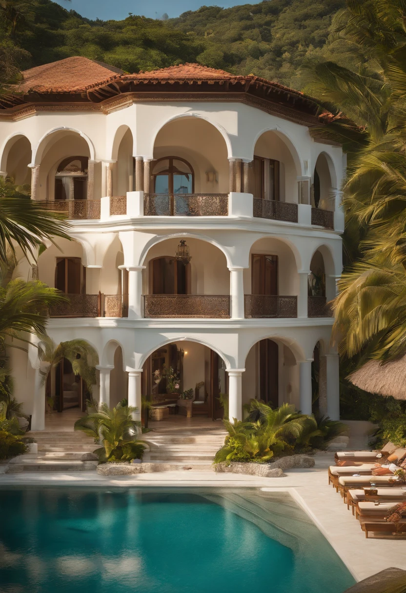 a mediterranean villa overlooking a tropical sea,crystal clear turquoise water,white sand beaches,lush green palm trees,freshly bloomed tropical flowers,expansive balcony with panoramic views,immaculately manicured gardens,sparkling swimming pool surrounded by lounge chairs,open-air terrace with elegant outdoor furniture and a dining area,gracefully arched doorways and windows,ornate details and intricate patterns,the villa bathed in warm golden sunlight,soft sea breeze gently swaying sheer curtains,exquisite interior decor with a blend of modern and traditional elements,high ceilings and marble floors,stunning chandeliers and luxurious furniture,warm and inviting color palette with accents of vibrant tropical colors,reflections of the sunset on the water,peaceful and serene atmosphere,breathtaking views of the vast ocean and nearby islands,(best quality,4k,8k,highres,masterpiece:1.2),ultra-detailed,realistic:1.37,palm-fringed paradise,portraits,coastal bliss