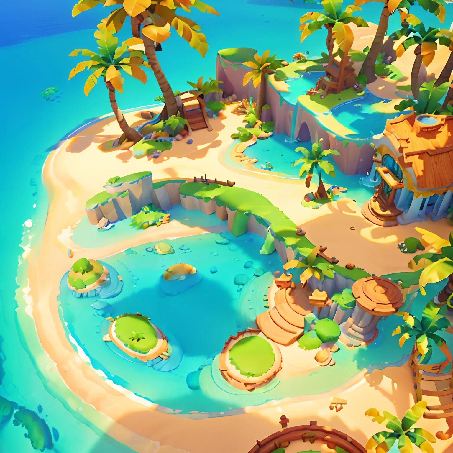 Bright, (tropical island: 1.2), (mountains: 1.2), palm trees, warm sunlight, daytime, wood, fantasy style, (isometric viewing angle: 1.2), simple background, white background, concept art, by Pixar , hyper HD, masterpiece, super detail, best quality