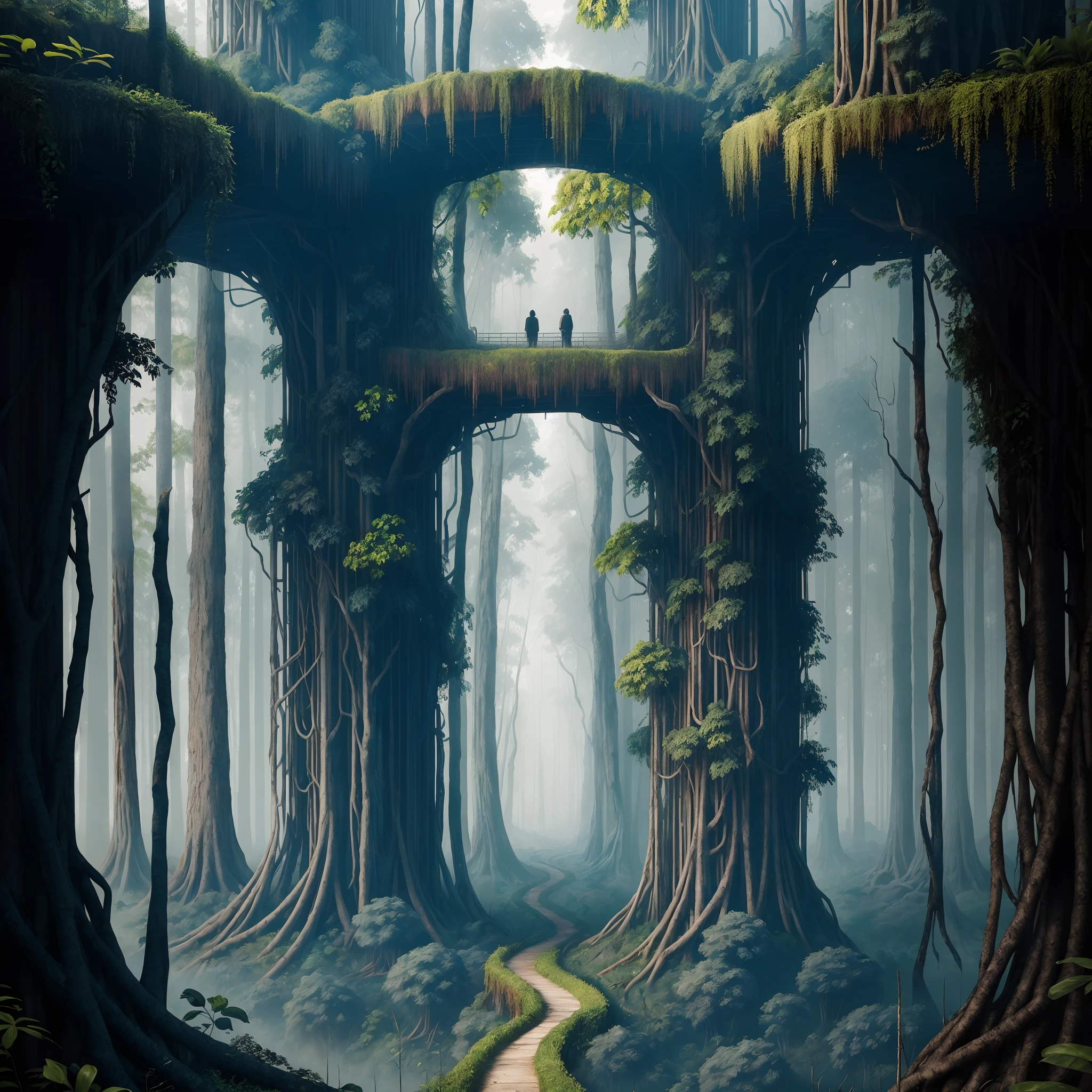 Hyperdetailed regenerative [glitch] still, (koan), matte, understated, (meditative: 1.2), (harmonic) impressionism, cerebral, (interconnected), labyrinth, (introspective), psyche, balanced and reciprocal, concept: "A mysterious jungle with dense foliage, winding paths, and a sense of ancient wisdom. The jungle acts as the lungs of biological life, providing oxygen and absorbing carbon dioxide. Imagine a place where nature reigns supreme, where the sounds of wildlife echo through the trees and the air is thick with the scent of exotic flowers. This jungle is a living organism in itself, pulsing with energy and vitality."