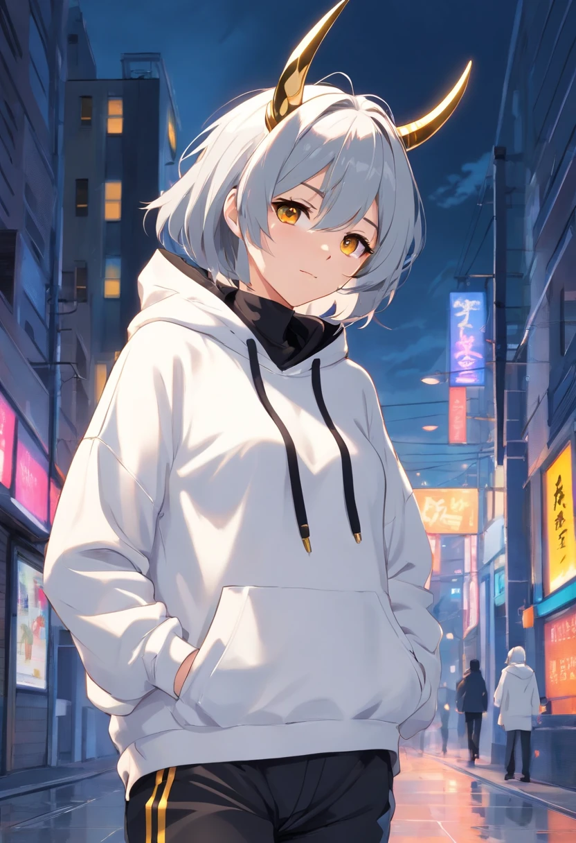 black horns, silver hair, baggy white hoodie, gold eyes, pointy ears, black collar, white skin, black pants, full body
