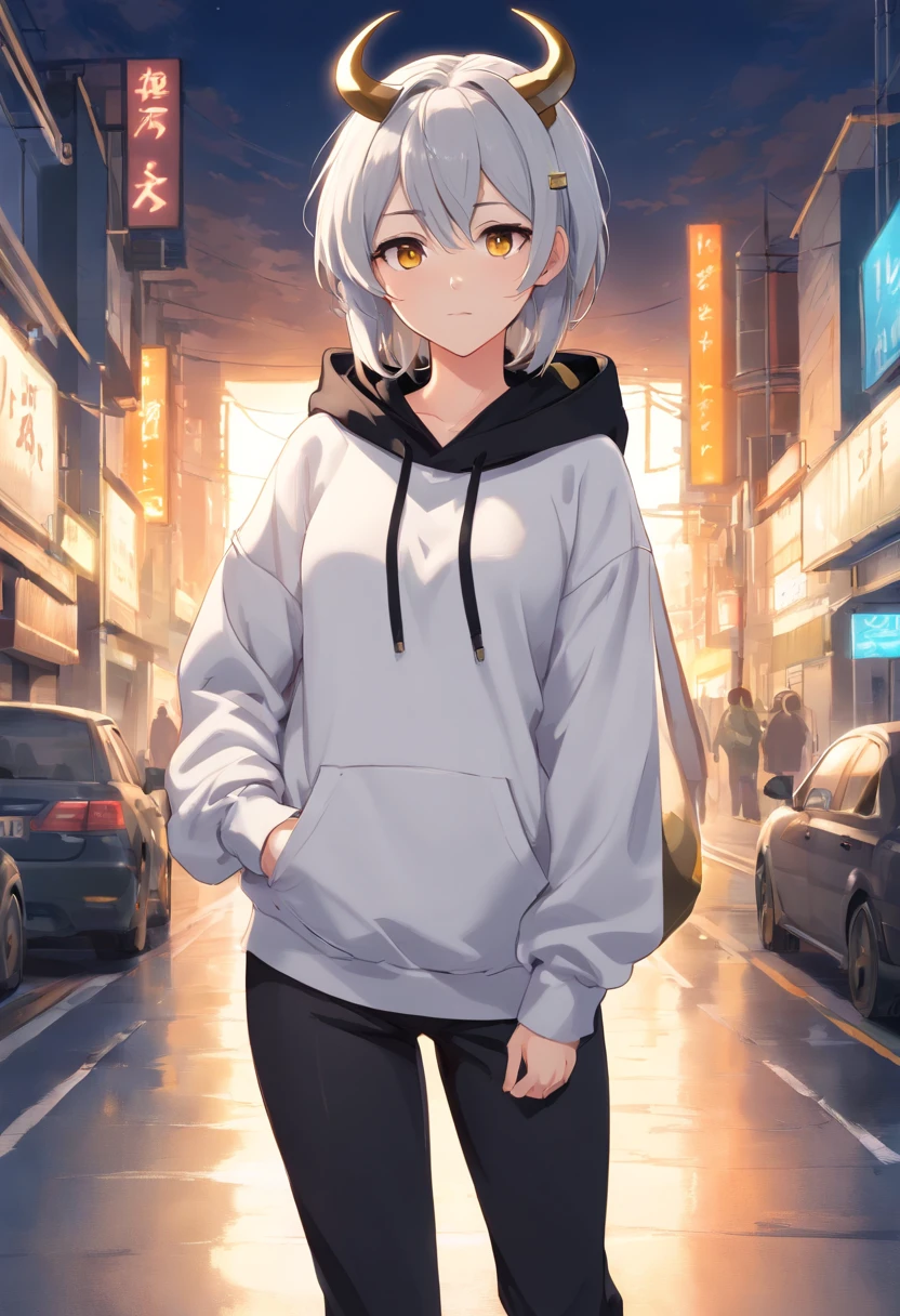 black horns, silver hair, baggy white hoodie, gold eyes, pointy ears, black collar, white skin, black pants, full body