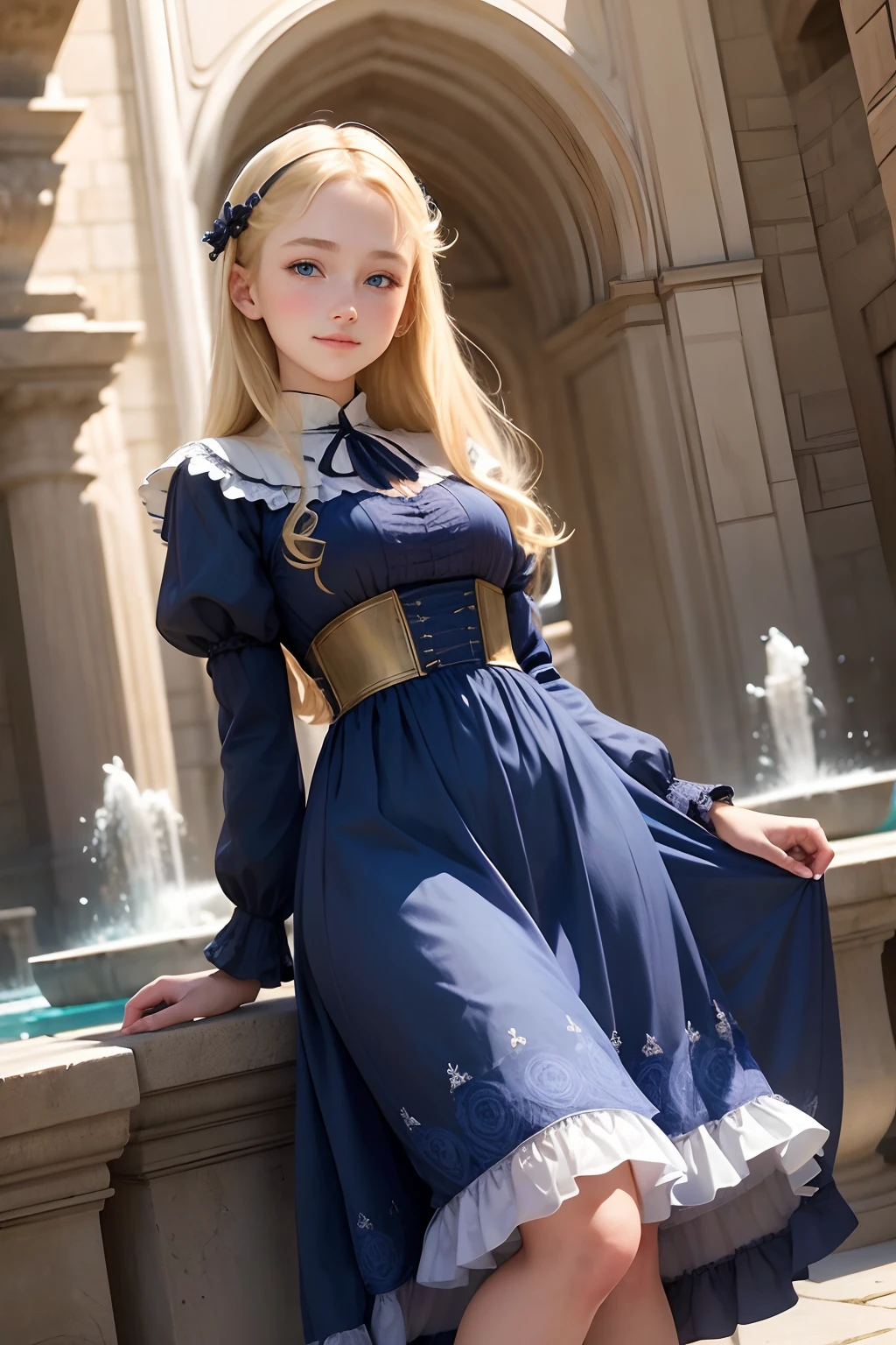 realisticlying、Virginia Otis 15-year-old girl、Fountains of Medieval Europe. aristocrat girl、Looking up from below、Depiction of blonde  hair blue eyes wear long sleeve sheer fabric dress、Various sexy poses、Face smile、Depicts the whole body、