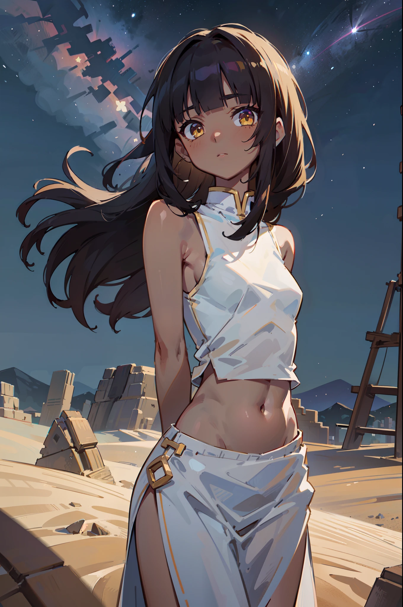 1girl, solo, teen, (dark skin:1.15), black hair, (long hair), ((hime cut, blunt bangs, blunt sidelocks)), messy hair, straight hair, flower over head, blue flower, yellow eyes, glowing eyes, egyptian clothes, white top, courtain top, navel, (pelvic courtain), old fashioned clothes, (small breasts), inexpressive, neutral, standing, arms behind back, looking at viewer, (upper body), (desert, sand, night, starry sky, scenery), masterpiece, best quality, 16