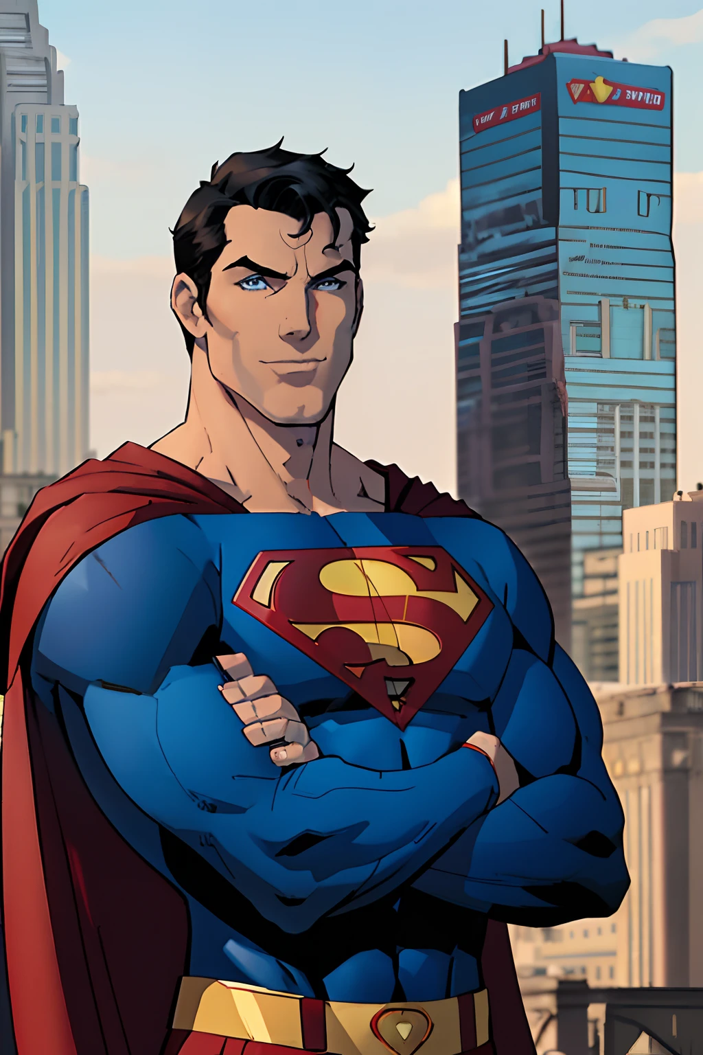 1boy, superman, abs, bara, black hair, blue bodysuit, blue eyes, bodysuit, cape, closed mouth, crossed arms, large pectorals, male focus, muscular, muscular male, pectoral lift, pectorals, red cape, short hair, outdoors, skyscrapers, solo, superhero, upper body , ((masterpiece)), smile