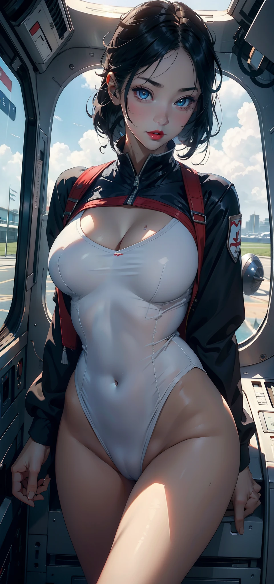 1womanl，33yo，熟妇，A MILF，extremely large bosom，Raised sexy，Pornographic exposure， 独奏，（Background with：The plane is in flight，Airliner cockpit，inside of a cabin，The cabin，Planes，）On the plane， She has short black hair，A ball head，Redlip，裸体少女，dynamicposes，seen from the front， hair straight， mostly cloudy sky，（（（tmasterpiece），（Very detailed CG unity 8K wallpaper），best qualtiy，cinmatic lighting，detailed back ground，beatiful detailed eyes，Bright pupils，（Very fine and beautiful），（Beautiful and detailed eye description），Blue eyes，Redlip，ultra - detailed，tmasterpiece，）），facing at camera，（The upper part of the body），A high resolution，ultra - detailed），revealing breasts，Bare genitalia，  Bulge，Leakage of the genitals，Incontinence，legs are open，sexyposture，Camel toes，Flushed complexion，frontage，stewardess，（Wearing：，a sailor suit）Bare ，Bare lower body，legs are open