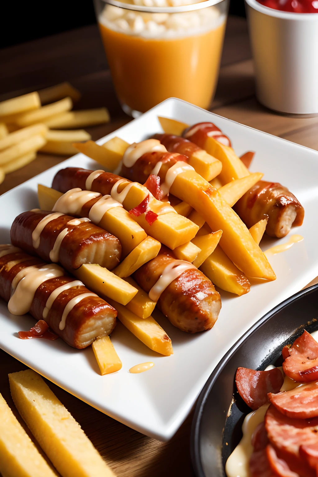 /Portion of French Fries, sausage, cheese and bacon