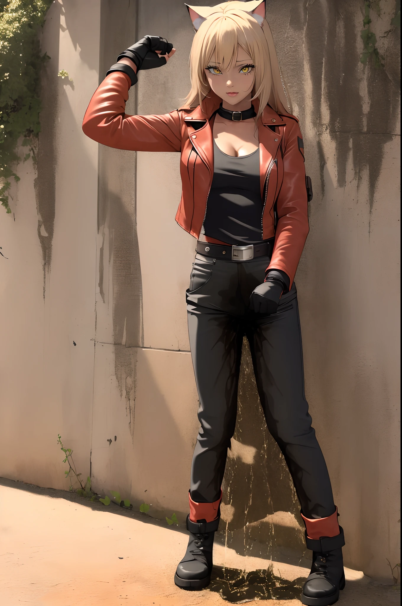 (masterpiece, top quality, best quality, highly detailed:1.2), 1girl, solo, photo of a sexy muscular catgirl standing and peeing on the ground, peeing self, having an accident, red desert, yellow sky, outdoors, standing, (((pee stream))), (((pee puddle))), pee stain, (wet pants), black leather pants, black high-heeled combat boots, (red sleevless biker jacket), black fingerless gloves, white tank top, cleavage, no bra, blush, trembling, embarrassed, angry, golden cat bell collar, ((bullet belt)), red lipstick, black shoulder-length hair, black cat ears, black cat tail, yellow cat eyes, cat claws, ((muscles)), ((brown skin tone)), chaingun