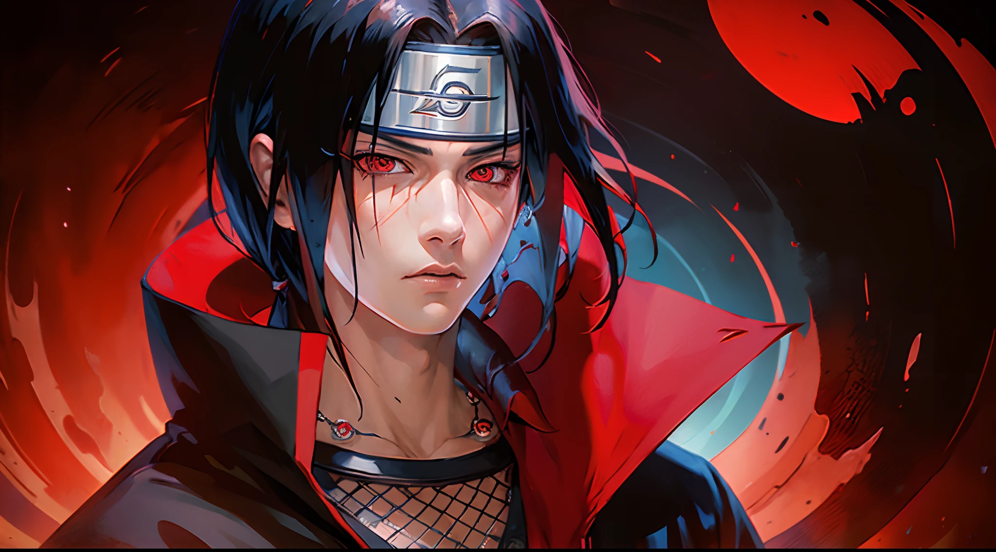 (masterpiece, best quality:1.2), red theme, cowboy shot, solo, male focus, 1boy, uchiha itachi, expressionless, closed mouth, looking at viewer, forehead protector, ninja, cloak, high collar, jewelry, necklace