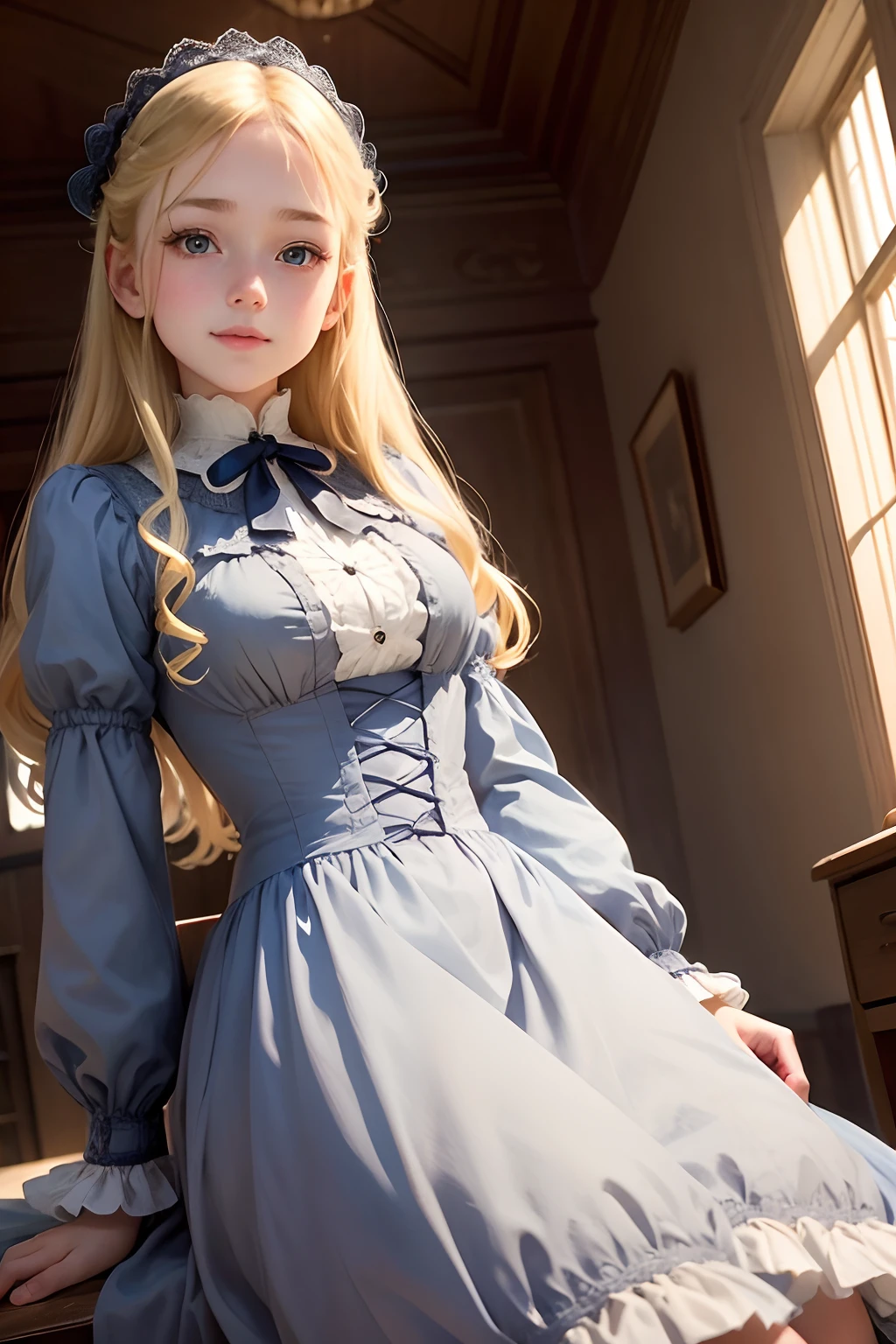 village realisticlying、Virginia Otis 15-year-old girl、City of victorian age, Europe. aristocrat girl、Looking up from below、Depiction of blonde hair blue eyes wear long sleeve sheer fabric dress、Various sexy poses、Face smile、Depicts the whole body、