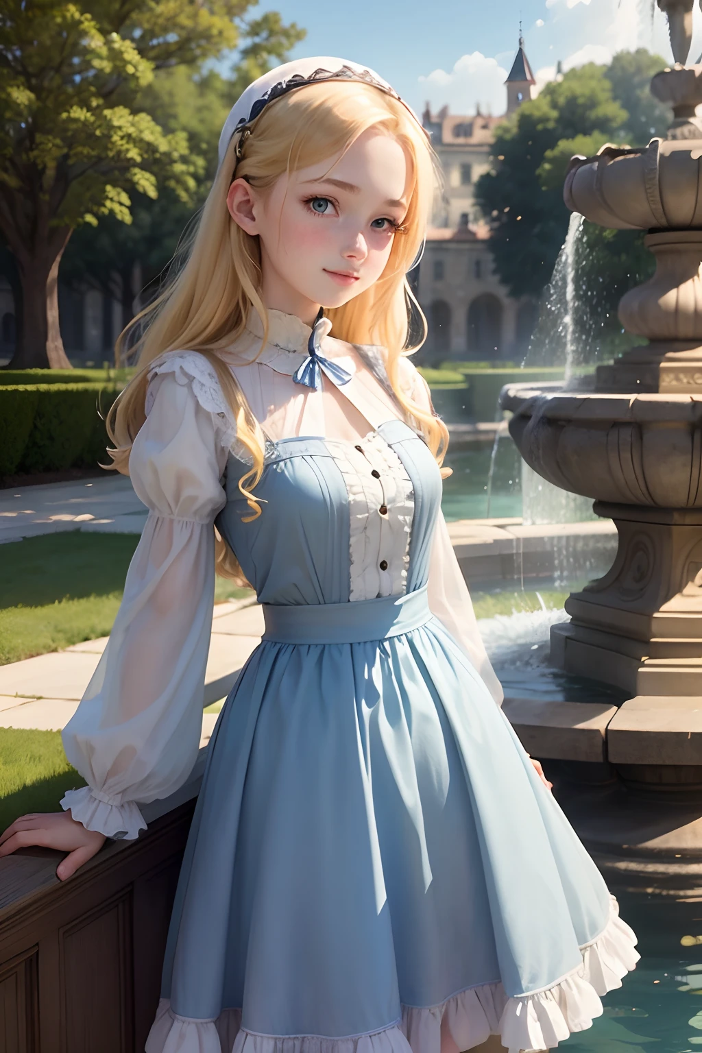 realisticlying、Virginia Otis -yeld giFountains of Medieval Europe. aristocrat girl、Looking up from below、Depiction of blonde hair blue eyes wear long sleeve sheer fabric dress、Various sexy poses、Face smile、Depicts the whole body、