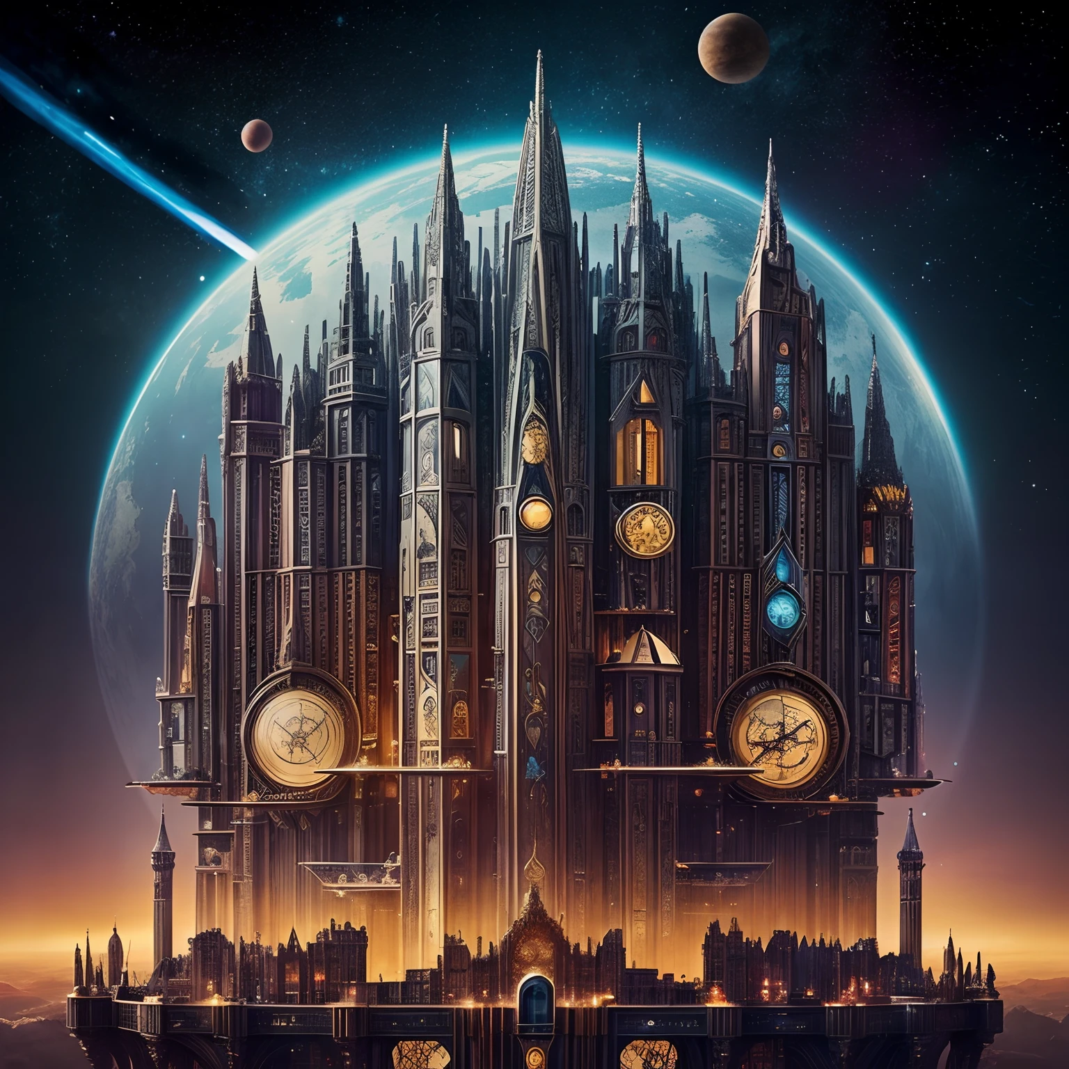 Create a Luis Aroyo-style illustration with a world filled with futuristic skyscrapers mixed with medieval castles. The sky is adorned with planets and nebulae, Creating a Celestial Scenario. Add magic beams, antique clocks, and embrace elements of extreme fantasy. Pay meticulous attention to intricate details to ensure a visually captivating composition.