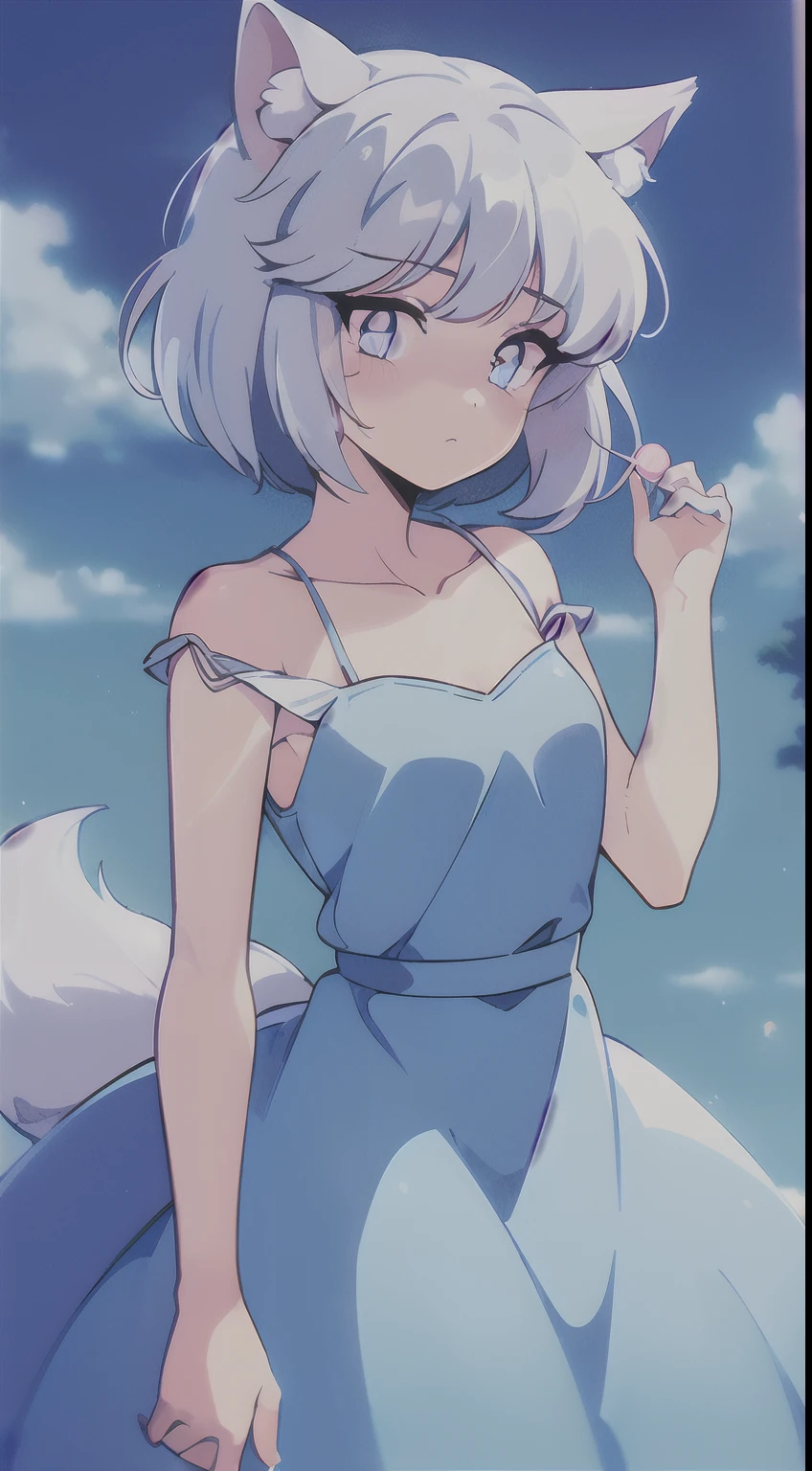 Masterpiece, 1girl, ((((Candy Candy style)))), (wolf girl, wolf ears, (wolf tail)), ((((short hair)))), silver white hair)), hair clip, (hair tap eye), ((blue eyes)), long eyeslashes, eyeliner, (((small breasts, old large dress with bare shoulders))), solo, full body, ((standing)), ((worried, sad expression, melancholic, look blue eyes)), portrait, close-up, (field background, sky, clouds), face, closed_mouth, blush:1.5, anime_coloring, eyelashes, shiny, head_tilt, detailed shadows, (((Anime retro style, anime coloring))).