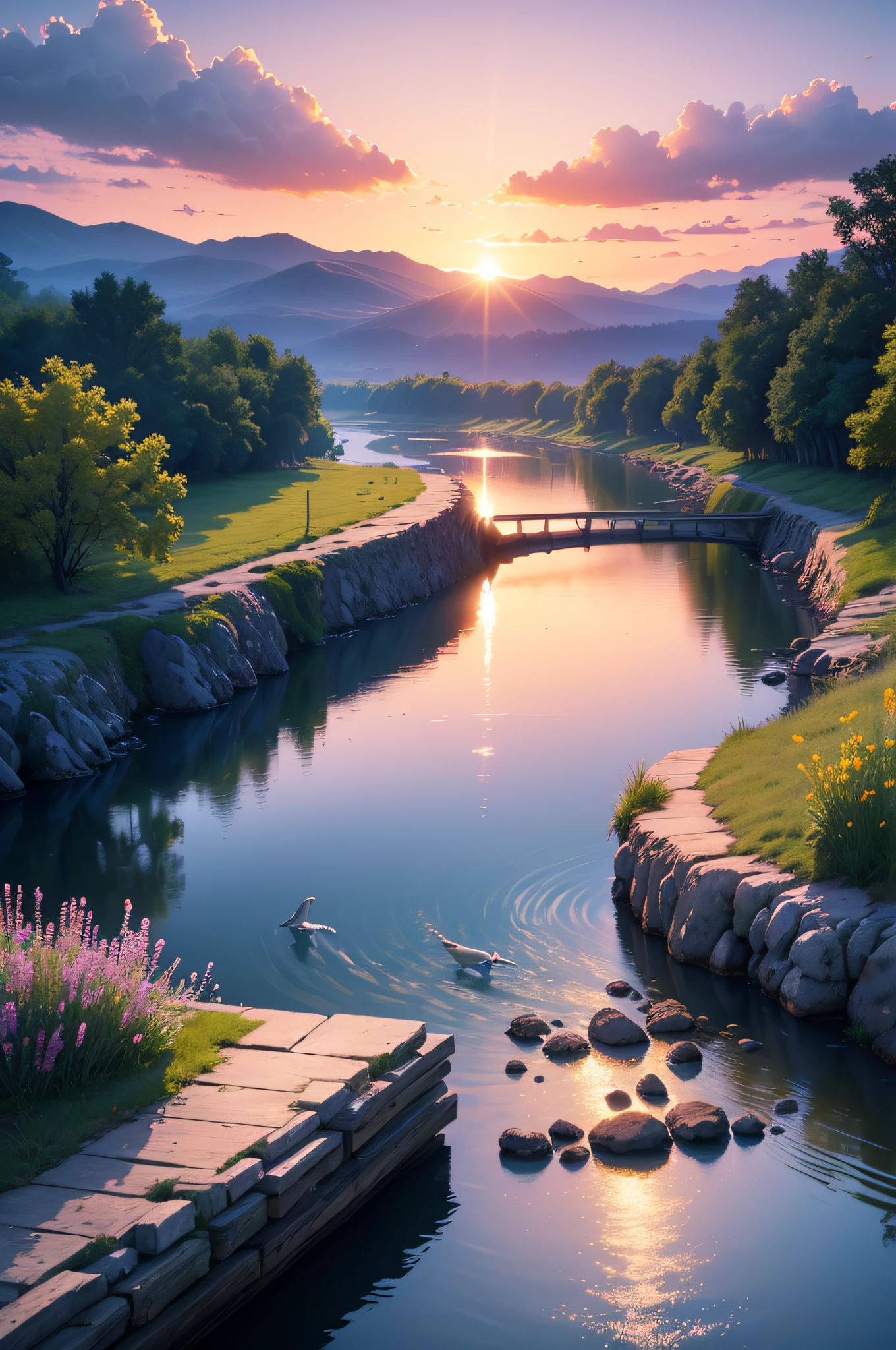(best quality,4k,ultra-detailed,realistic:1.2), river with sunset background, birds, fish, colorful clouds, vibrant colors, soothing lighting