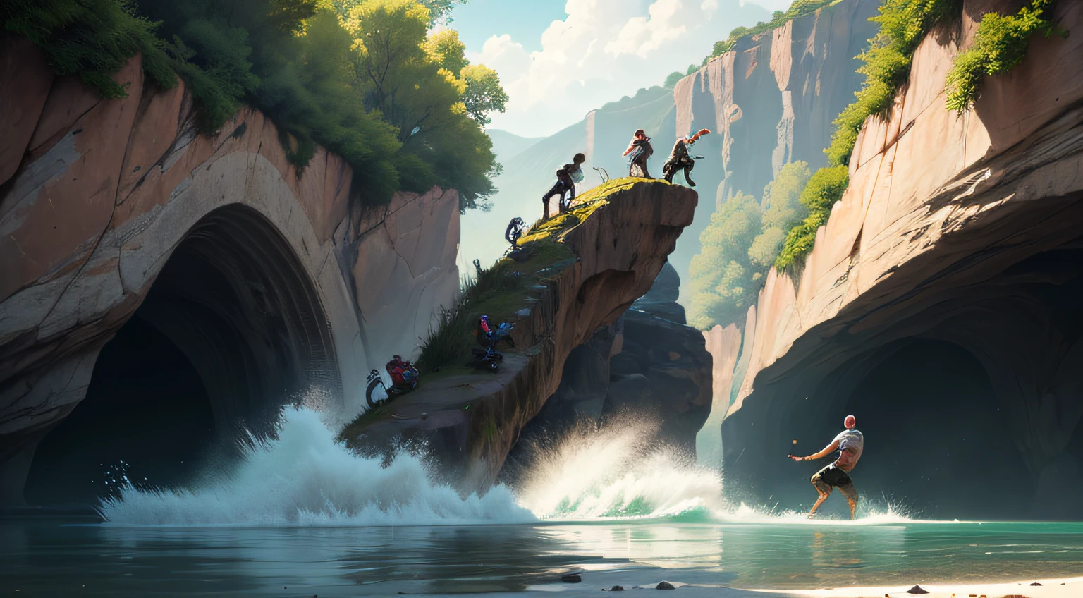 a bunch of men being thrown off a cliff, At the bottom of the cliff there are snakes