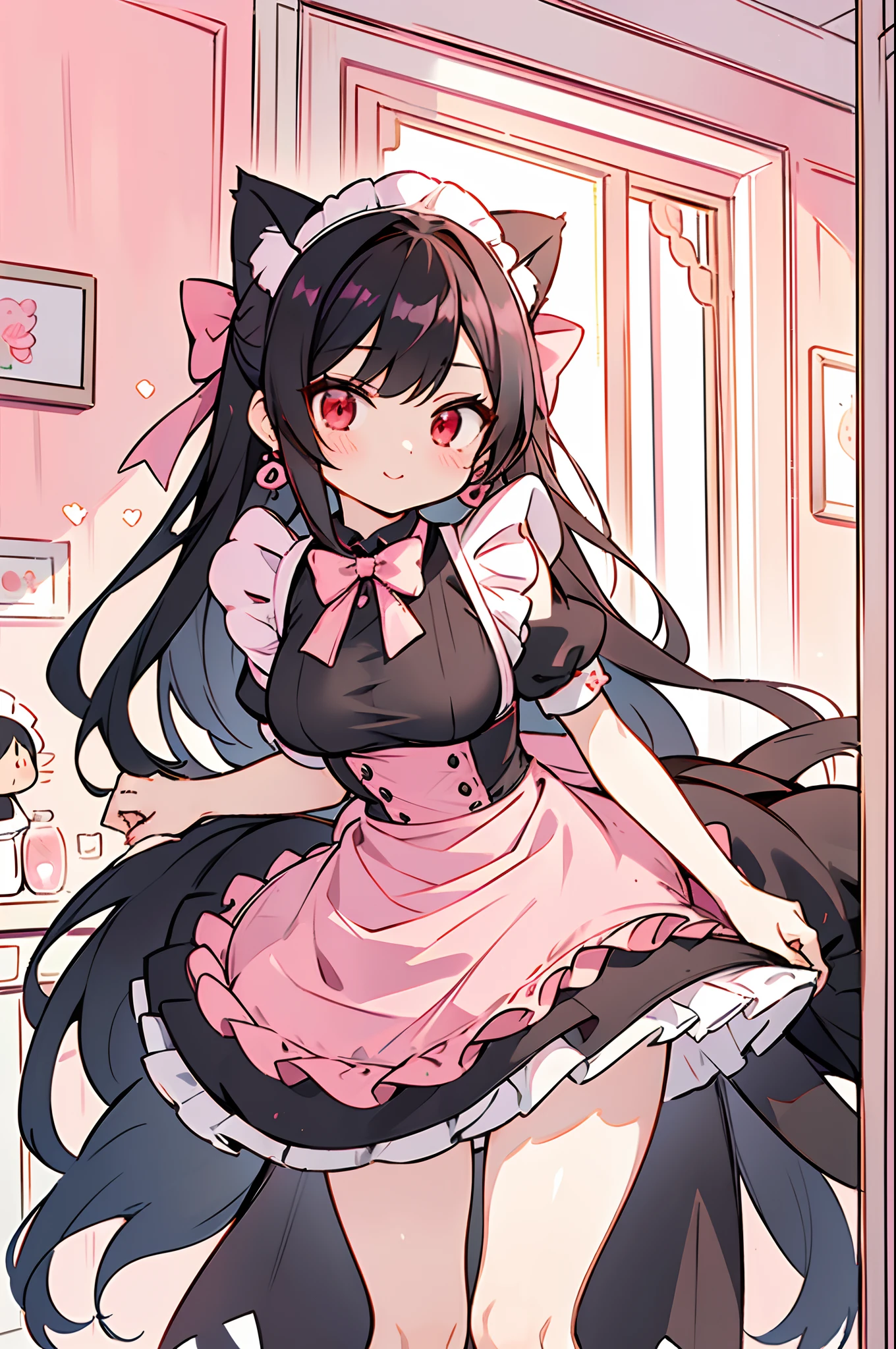 black hair, female, twin drills, solo, smol, pink eyes, massive breasts, very long hair, wear cute black outfit, masterpiece, ultra high quality