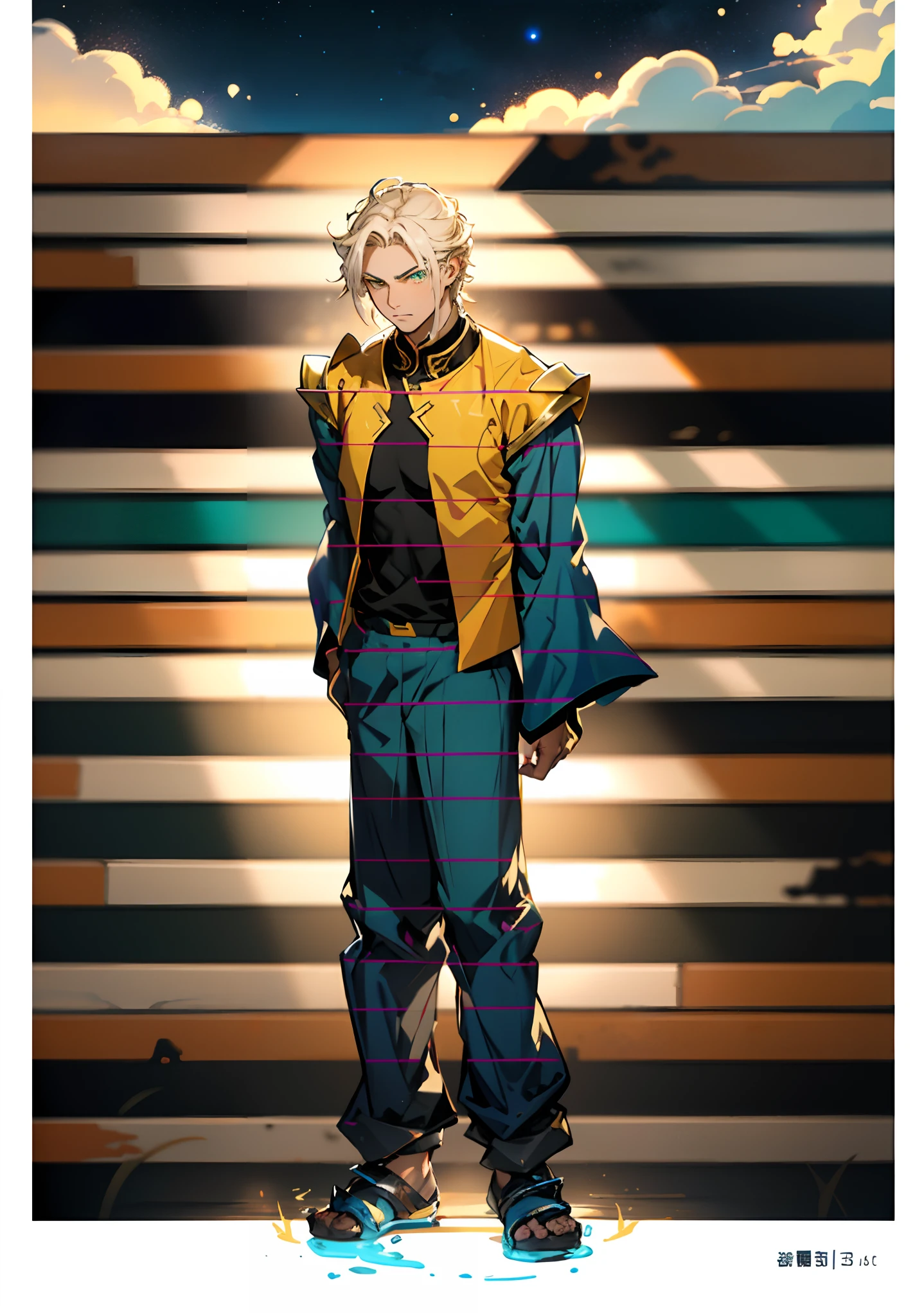 A man with short golden hair, hair standing straight up, a long tuft of bangs, thick eyebrows, a melancholic gaze, a square-shaped face, wears a Chinese-style wide-sleeved undershirt, over which he layers an open-front Dao robe, a color scheme of green and blue and yellow and white, he wears plain trousers and coarse cloth shoes, against the backdrop of a star-studded night sky, this character embodies a finely crafted fantasy-style Chinese martial artist character in anime style, characterized by an exquisite and mature manga illustration art style, full body character drawing, high definition, best quality, highres, ultra-detailed, ultra-fine painting, extremely delicate, professional, anatomically correct, symmetrical face, extremely detailed eyes and face, high quality eyes, creativity, RAW photo, UHD, 8k, Natural light, cinematic lighting, masterpiece:1.5