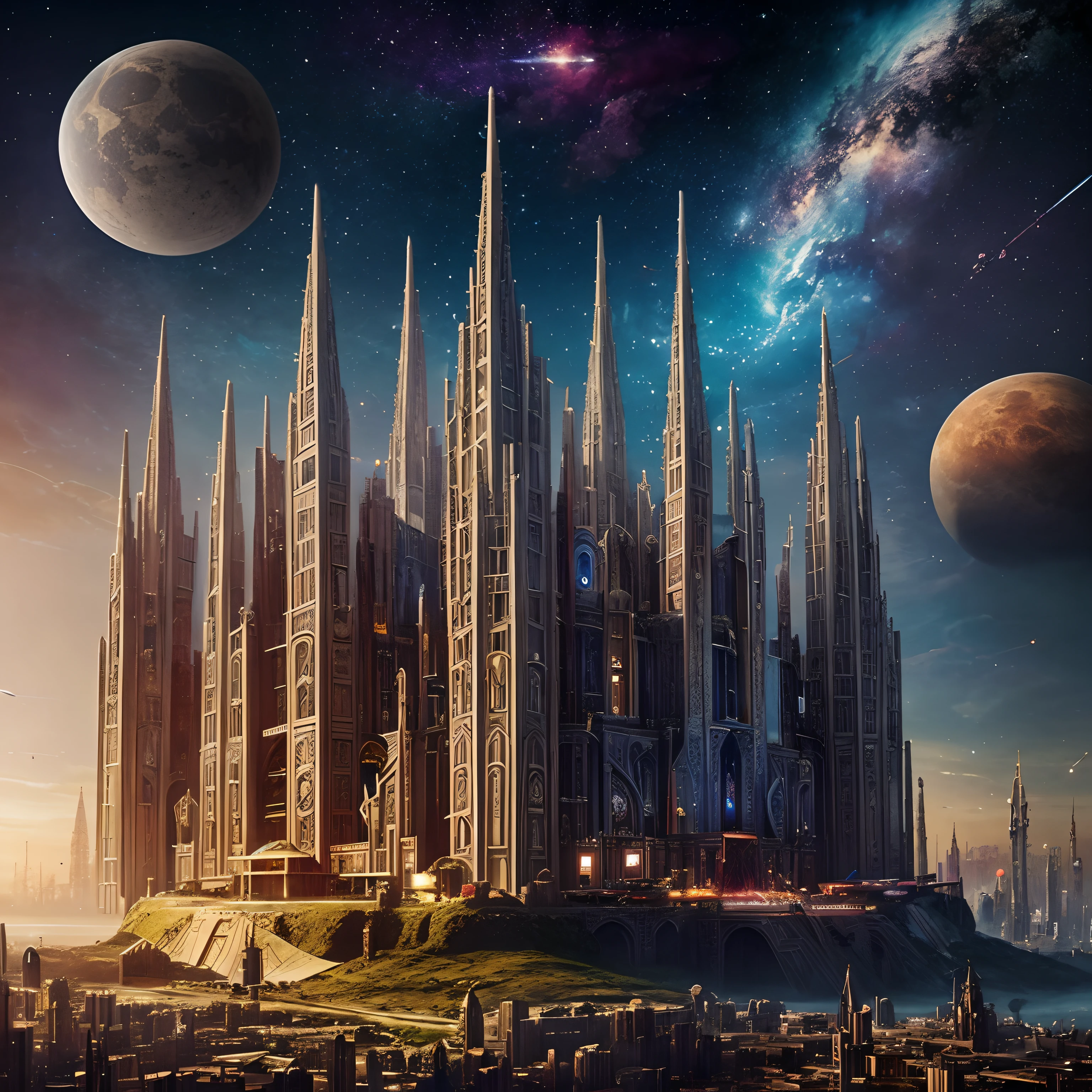 Create a Luis Aroyo-style illustration with a world filled with futuristic skyscrapers mixed with medieval castles. The sky is adorned with planets and nebulae, Creating a Celestial Scenario. Add magic beams, antique clocks, and embrace elements of extreme fantasy. Pay meticulous attention to intricate details to ensure a visually captivating composition.
