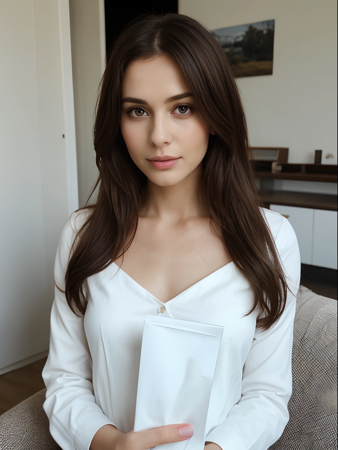 brunette 29 year old woman holding white paper in front of her, at home, selfie