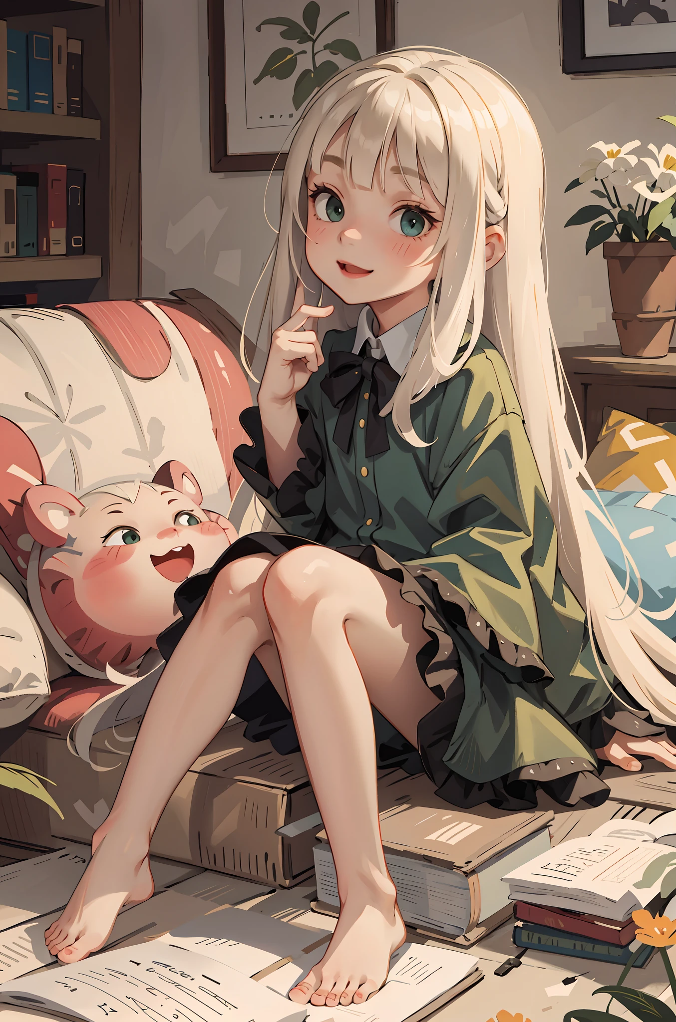(masterpiece:1.2, best quality), (real picture, intricate details), 1little girl, solo, full body, sitting, casual, long hair, minimal makeup, natural fabrics, close-up face, smile, home, child, 6 , cute child, int, small body, tiny child, pee girl, kindace, naive, long light platinum blonde hair, bangs, green eyes, happy, SFW.