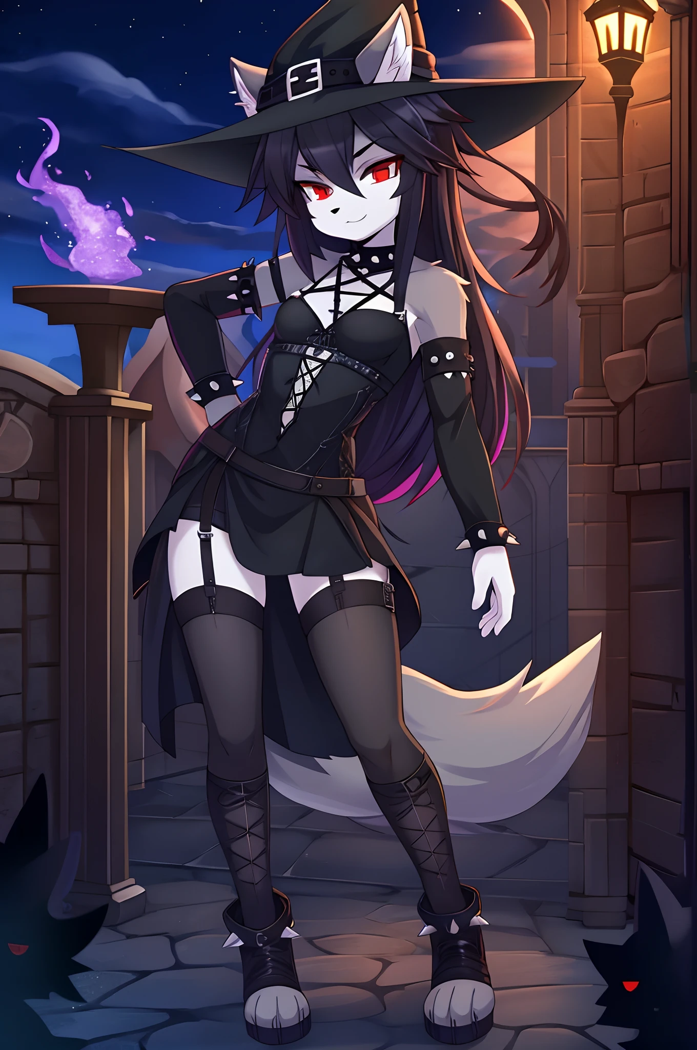 furry girl, wolf, black hair, punk hairstyle, long spiky hair, anime style, small breasts, red eyes, black witch tunic, open clothes, black gothic bra, black skirt, witch hat, net tights, dark castle, night sky, high quality, detailed body, detailed eyes, detailed face, masterpiece, glistening body, detailed body fur, best quality, two tone body, gray fur, clear gray fur, skinny, magic purple fire particles, cross arms, sassy face, :3, paws whit three toes, full body,