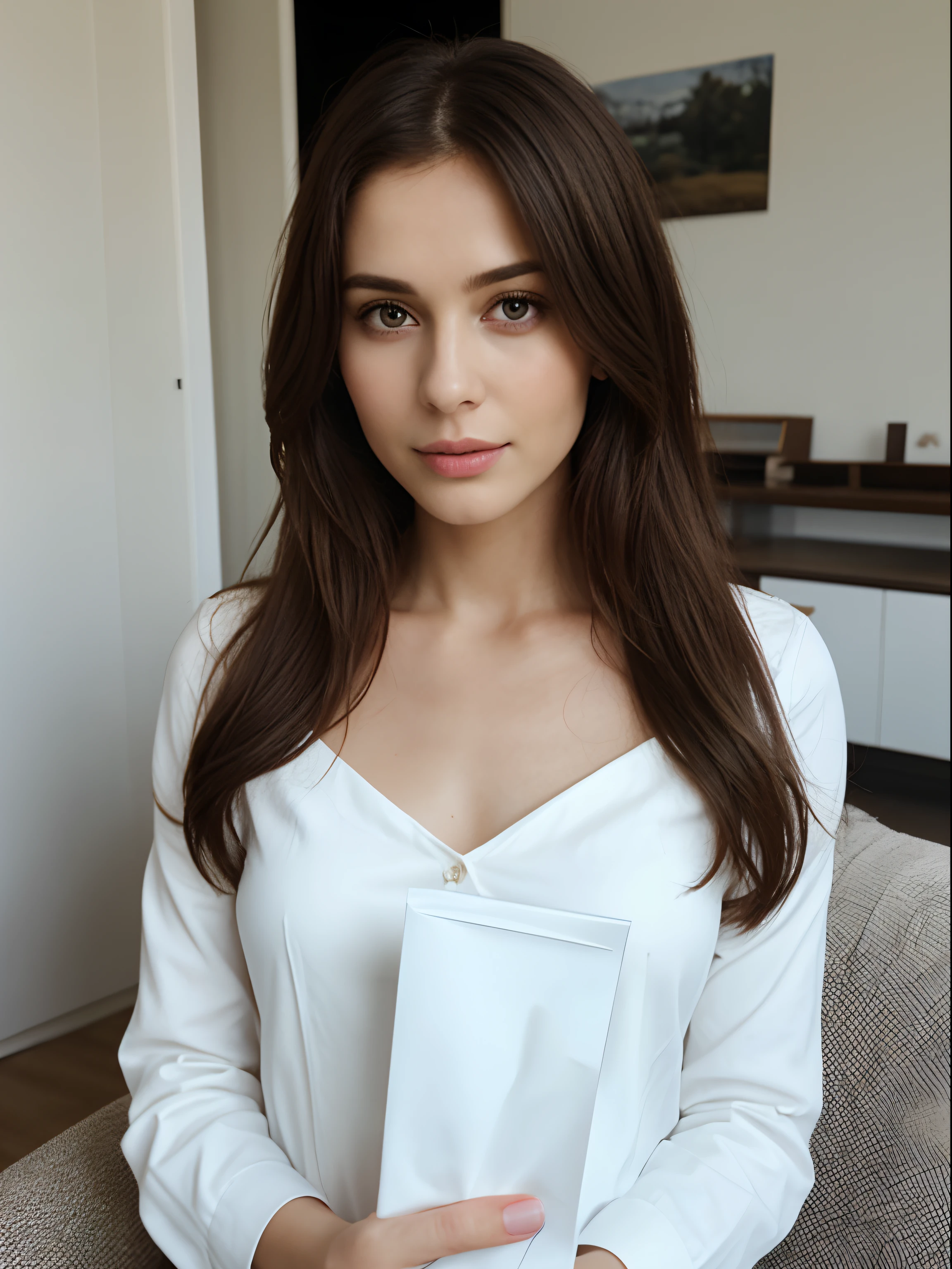 brunette 29 year old woman holding white paper in front of her, at home, selfie