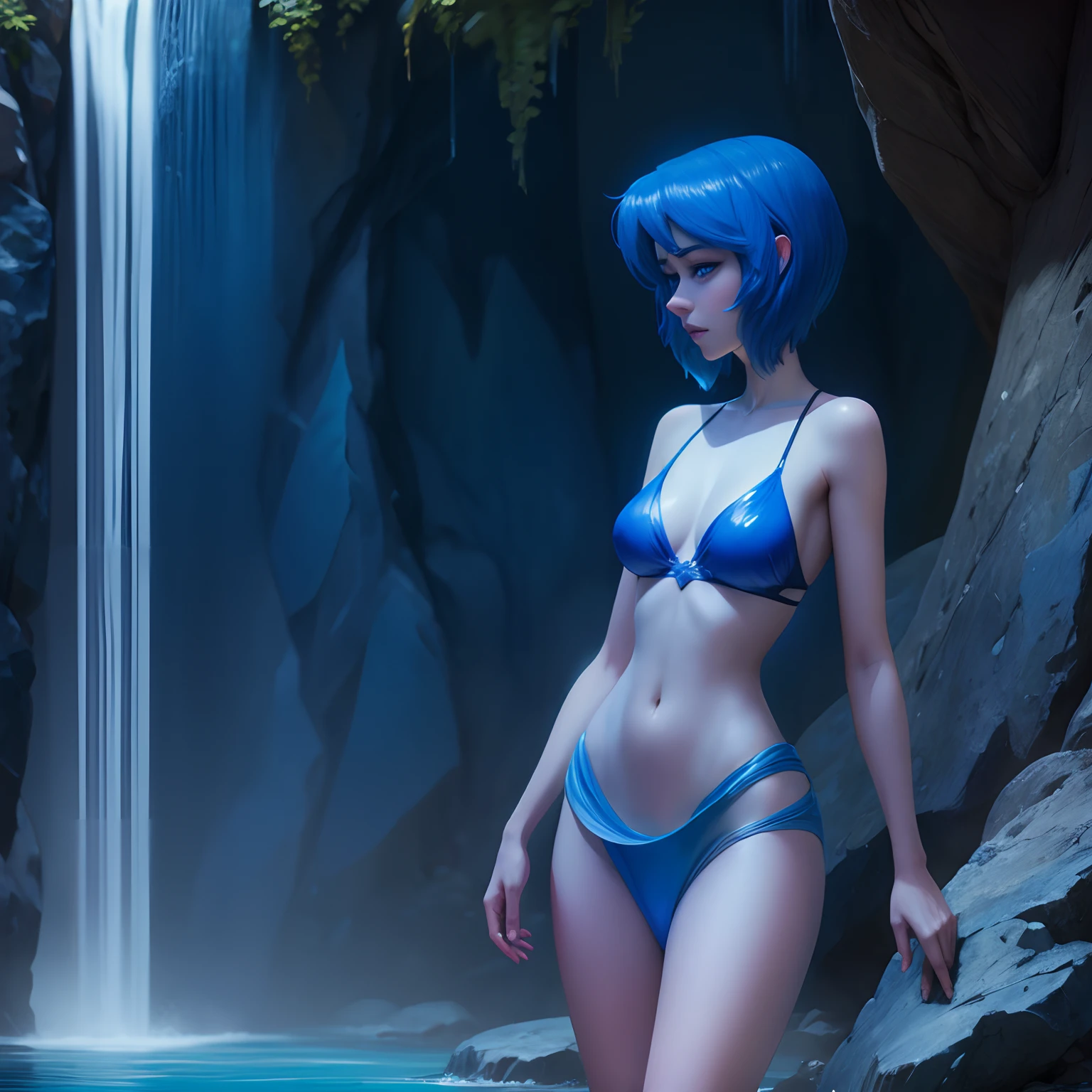 Lapis lazuli Standing under a water fall, best quality,, 1girl, (((masterpiece)))