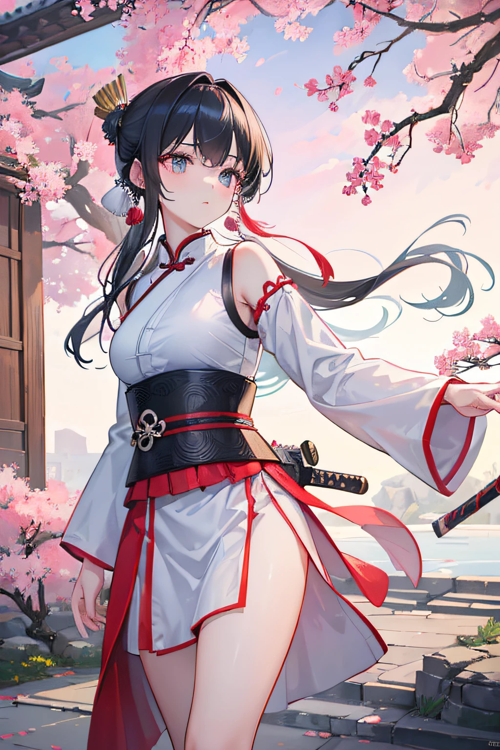 A 20-year-old female character in a flashy haori, mini hakama, knee-high boots, with long ponytail hair, holding a flaming sword, in the style of Japanese anime.
