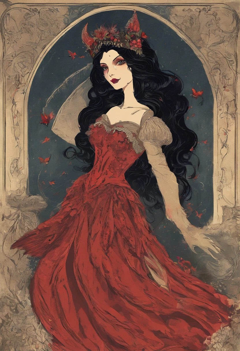 solo woman, 1940s dress, fangs, long black hair, red eyes