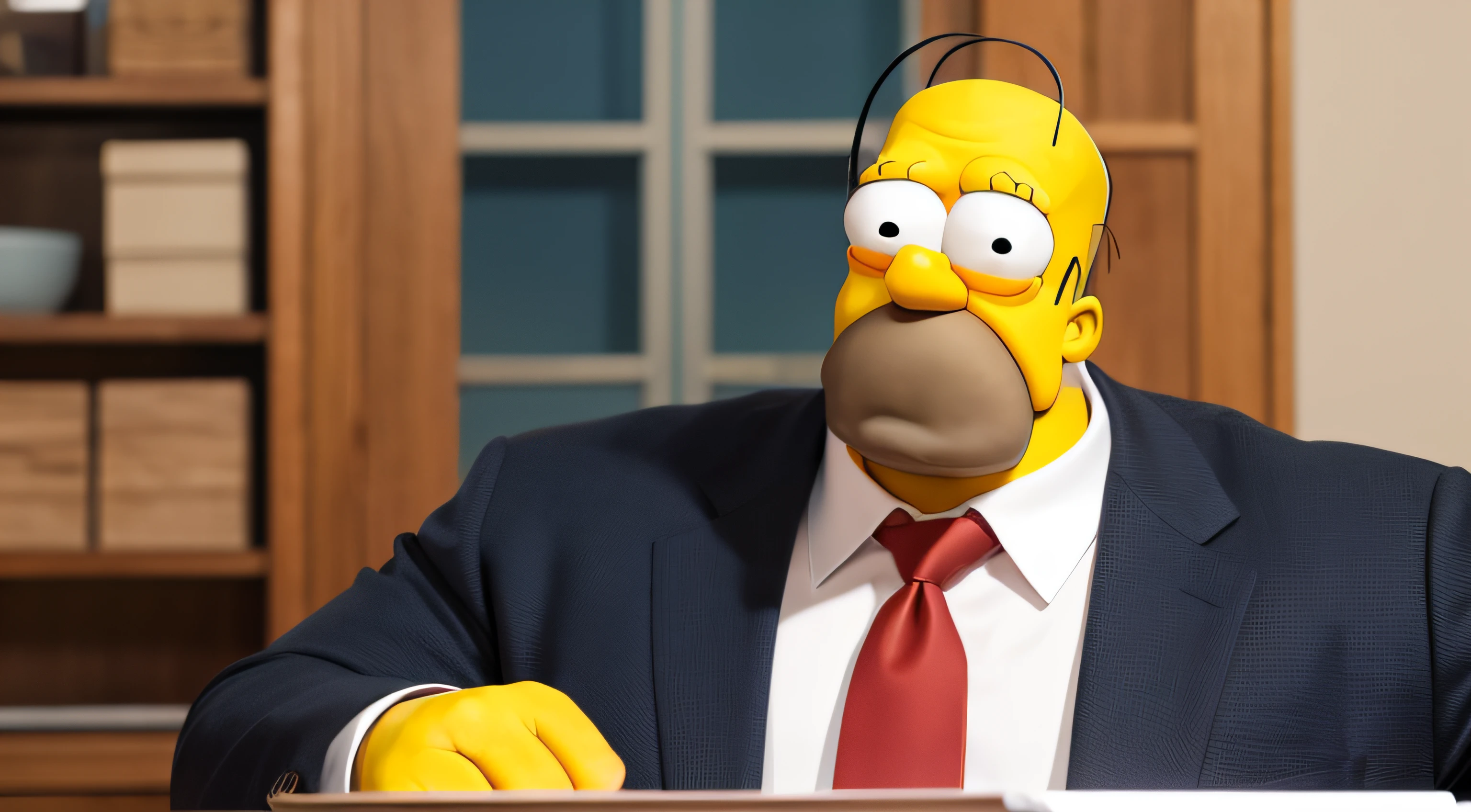 Muscular Homer Simpson designer, wearing suit