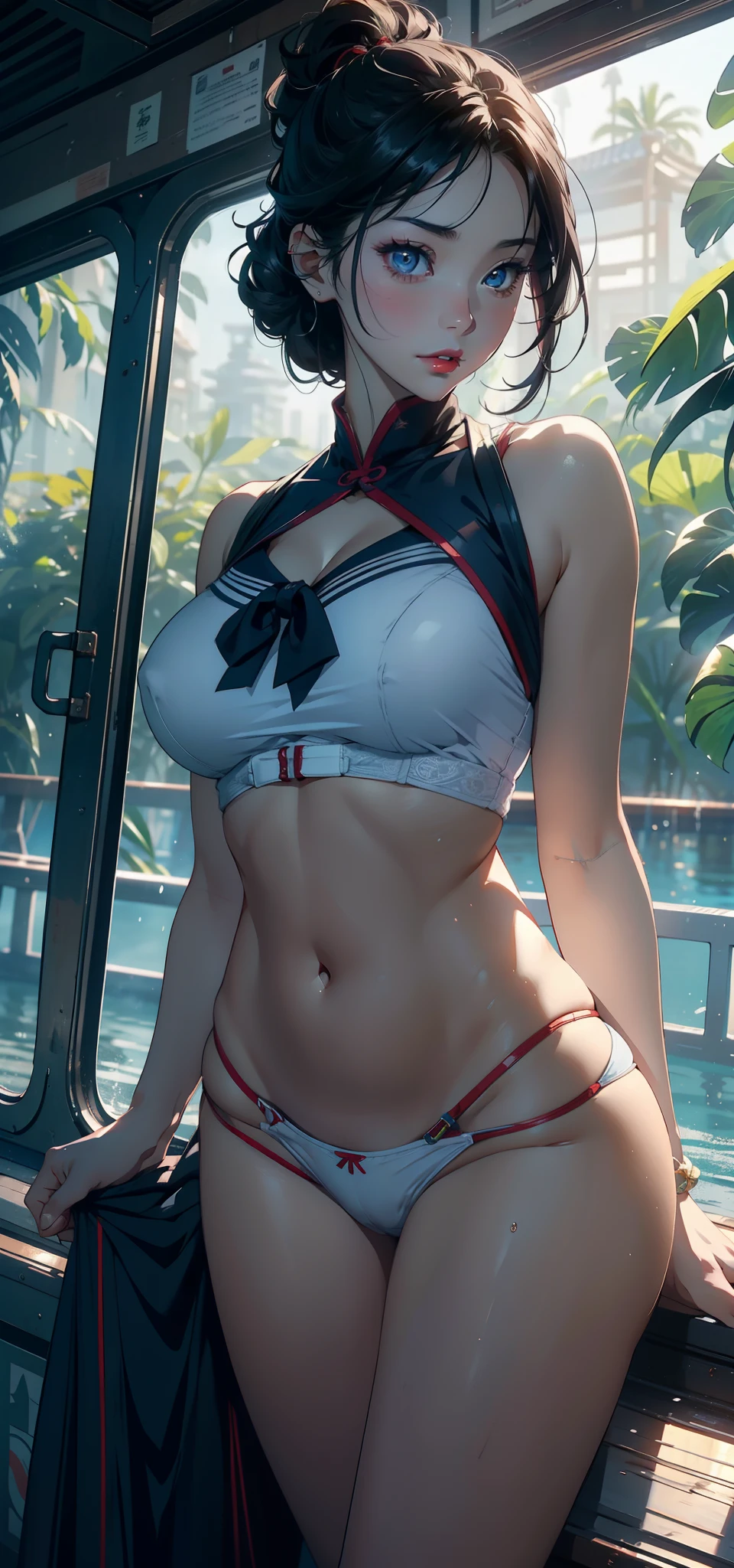 1womanl,33yo,熟妇,A MILF,extremely large bosom,Raised sexy,Pornographic exposure, 独奏,(Background with:the rainforest,lotus flower,Ground area water)On the plane, She has short black hair,A ball head,Redlip,裸体少女,dynamicposes,seen from the front, hair straight, mostly cloudy sky,(((tmasterpiece),(Very detailed CG unity 8K wallpaper),best qualtiy,cinmatic lighting,detailed back ground,beatiful detailed eyes,Bright pupils,(Very fine and beautiful),(Beautiful and detailed eye description),Blue eyes,Redlip,ultra - detailed,tmasterpiece,)),facing at camera,(The upper part of the body),A high resolution,ultra - detailed),revealing breasts,Bare genitalia, Bulge,Leakage of the genitals,Incontinence,legs are open,sexyposture,Camel toes,Flushed complexion,frontage,,(Wearing:,a sailor suit)Bare ,Bare lower body,legs are open