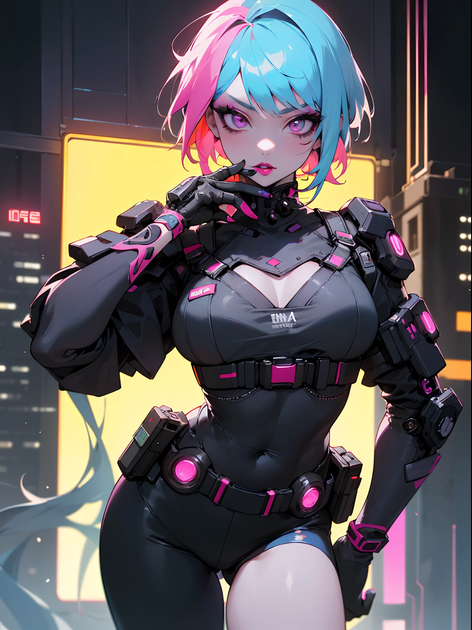 masterpiece, best quality, Confident cyberpunk girl, cowboy shot, Harajuku-inspired pop outfit, bold colors and patterns, eye-catching accessories, trendy and innovative hairstyle, vibrant makeup, Cyberpunk dazzling cityscape, skyscrapers, neon signs, LED lights, bright and vivid color scheme, insane details, beautiful detailed face, intricate details, ultra detailed.