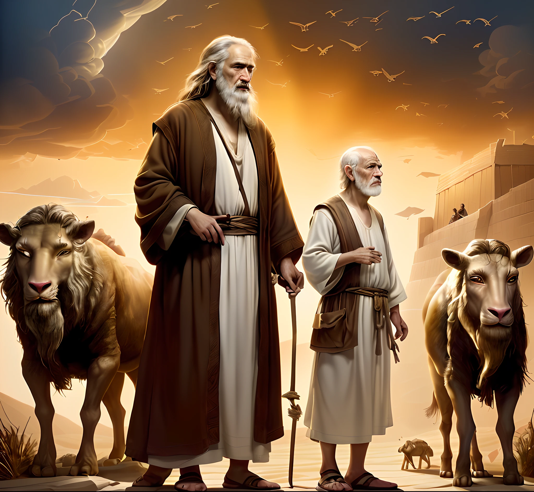 Noah and an old man who has been around since the Bible, Noah is looking in front of the screen, Noah is in Profile, Noah is the Middle Man, Noah is wearing his ancient garment of the Hebrew peoples, maximum image quality, max quality, maximum details, maximum detail on the face, rosto realista, lighting dramatic, lighting are upon Noah, A imagem, a middle-aged man stands next to Noah, This man is the son of Noah, renderizada na mais alta qualidade, Maximum detail, maximum quality, with maximum lighting detail, Realistic image, Maximum realism, Texture and overall composition.