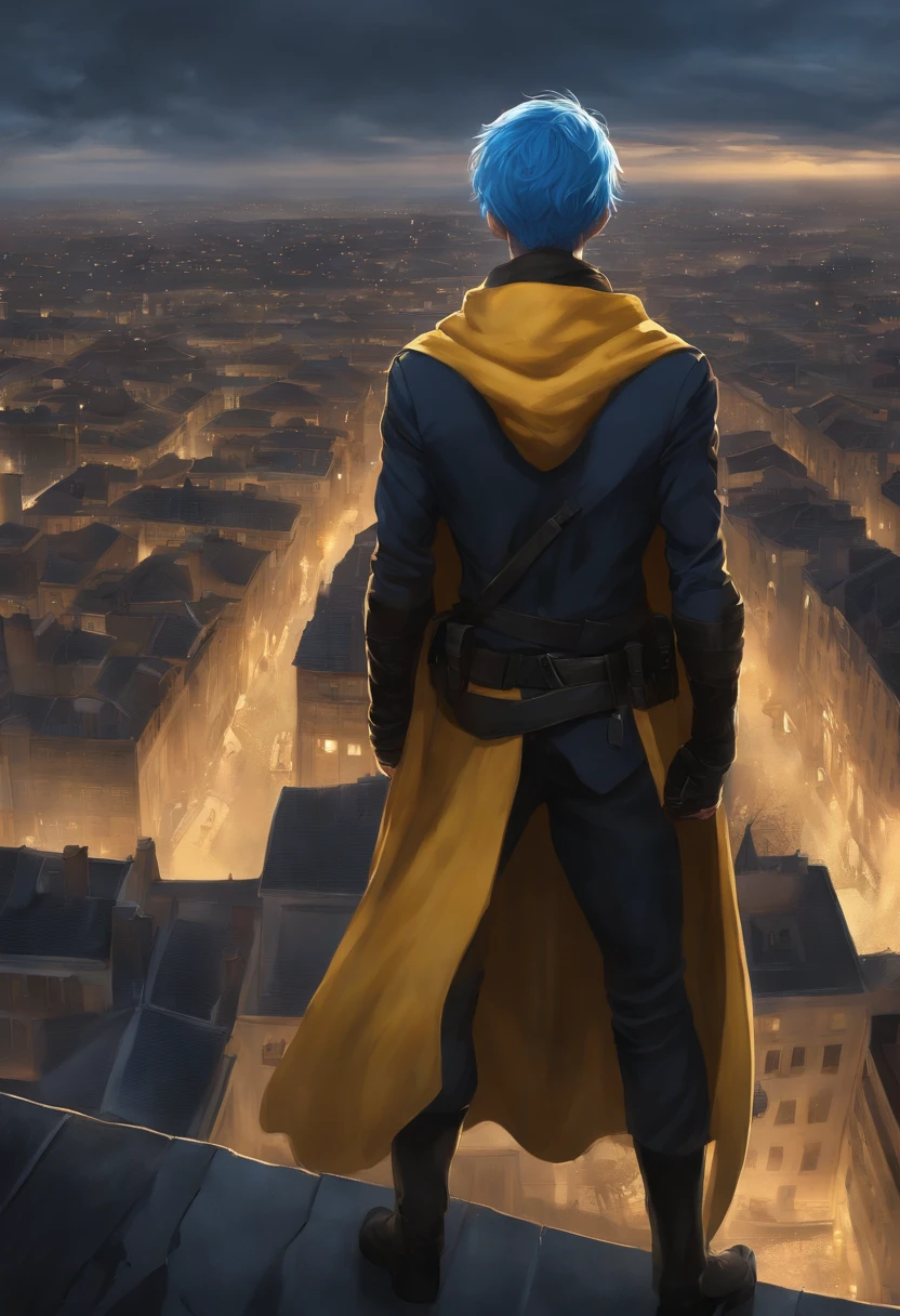 A 15-year-old man,Blue hair and black eyes, Wearing a black superhero costume similar to a spy uniform,Cloaked in tattered yellow cloak, A cloud of shadows appeared behind him, He leaned his back against the top of a building,Looking at a city in ruins, anime big breast, novel cover