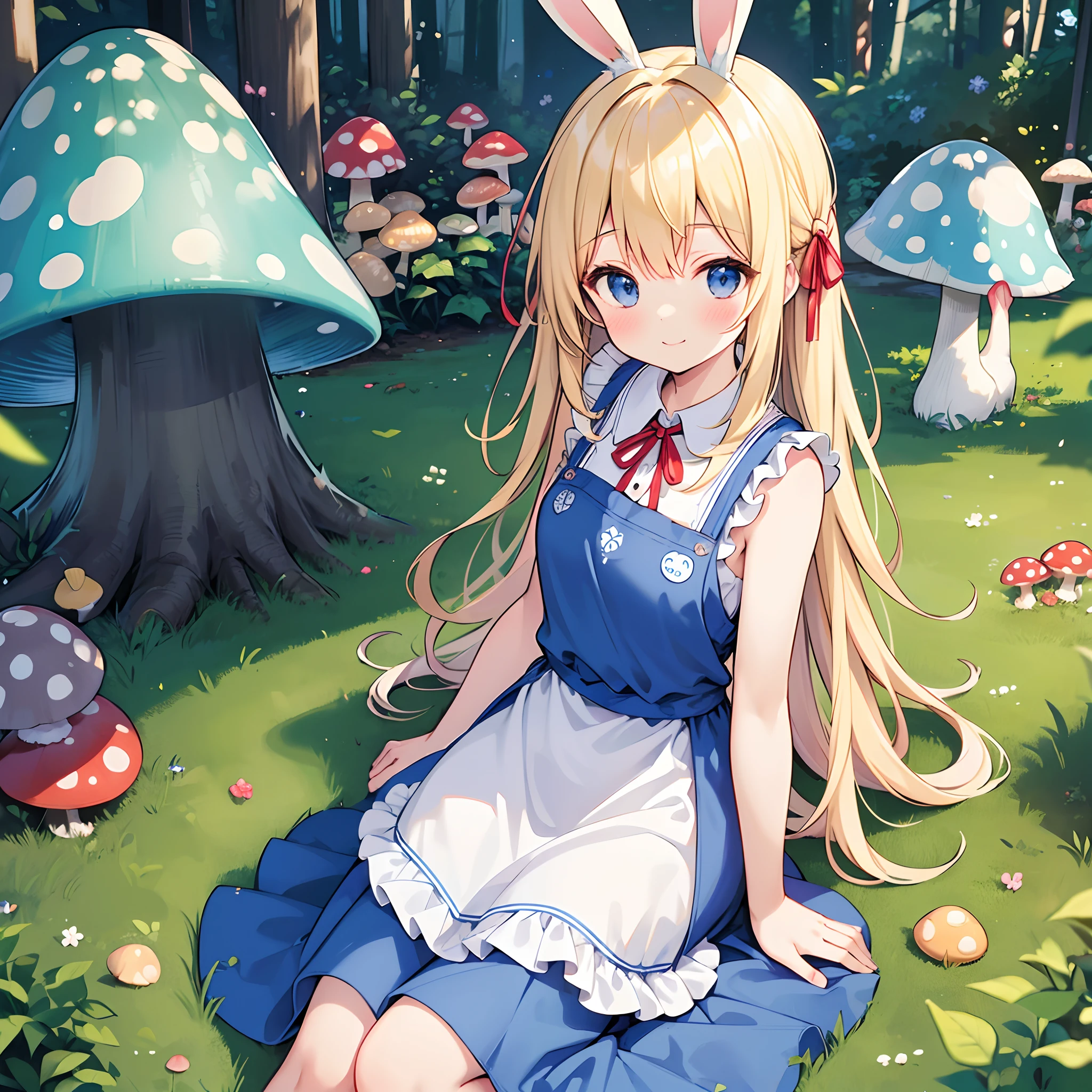 a beautiful 20 year old blonde woman with big messy hair in a short blue dress, white stockings, a thin black hairband, cleavage, holding a glowing mushroom, sitting on a giant glowing mushroom, side shot, side boob, fantasy art style, cartoon vibrant, cute detailed digital art, colorful digital fantasy art, digital fantasy art ), glossy digital painting, pastel vibrant