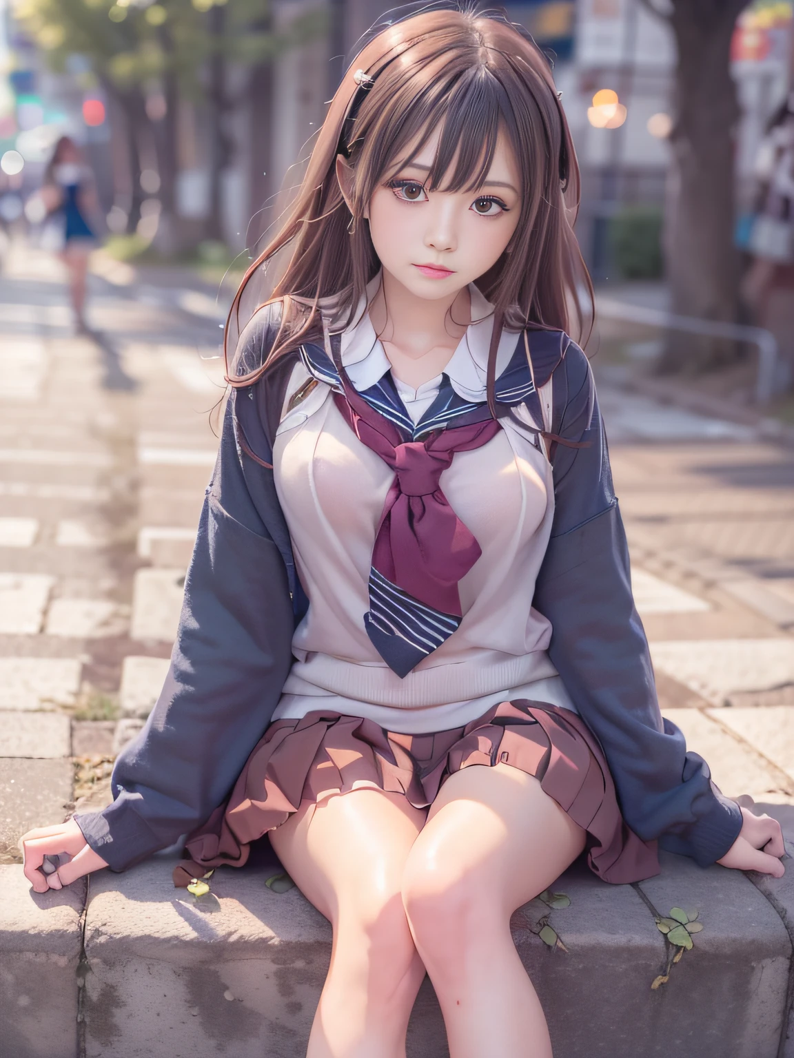 FULL ANATOMY,Sister sitting on the sidewalk, real life anime girl, ultimate beauty girl,Correctly in anatomy,goddess of Japan, a hyperrealistic schoolgirl, beautiful anime high school girl, Engaging pose, Anime style mixed with Fujifilm, a japanese girl, Anime girl cosplay, Casual pose, dressed with long fluent clothes, Surreal Japan uniforms, Cute Schoolgirl, charming anime girls, School Girl,beautiful young woman with,((smooth hair,detailed hairs,Very fine hairs)),(Knee-length skirt:1.7),1girl in,((small tits,Thin leg,skinny thigh)),slim figure,extremely detailed eye and face、beatiful detailed eyes,Cool color makeup,Expro II,Lens Flare,Sharpen,cinematic shadow