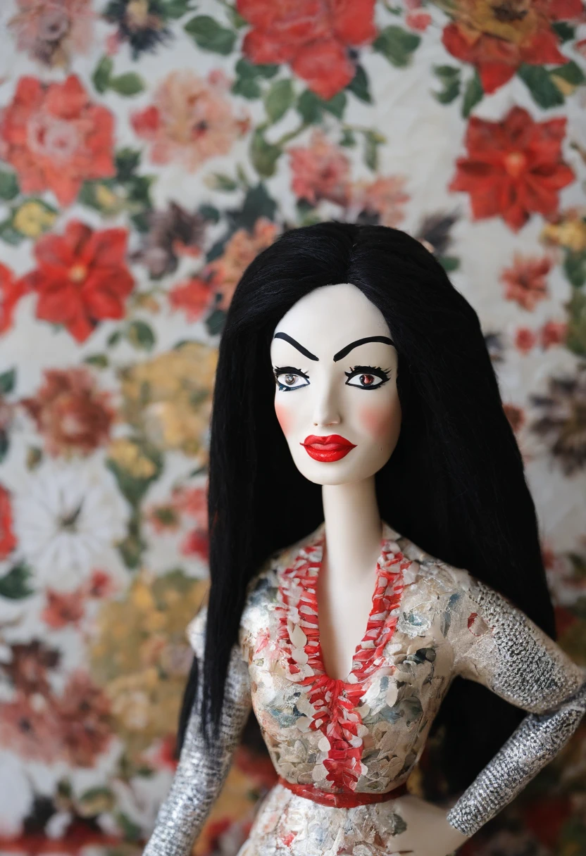 solo woman, 1940s dress, fangs, long black hair, red eyes