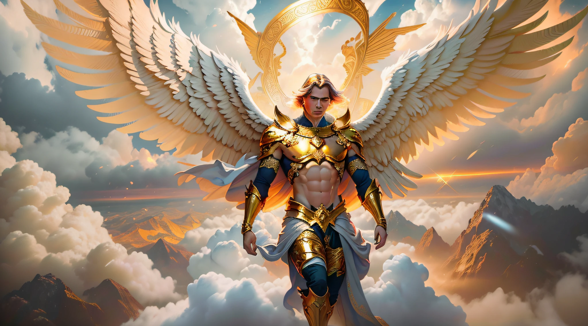 Fairy male blonde man with gold and purple details, large wings, flying in the air, vegetation blurred background, soft colors, soft light, sunset light, smooth light, reflections, HDR lighting, 8k resolution, cinematic film, smooth, strobe light beams, masterpiece, full body --auto